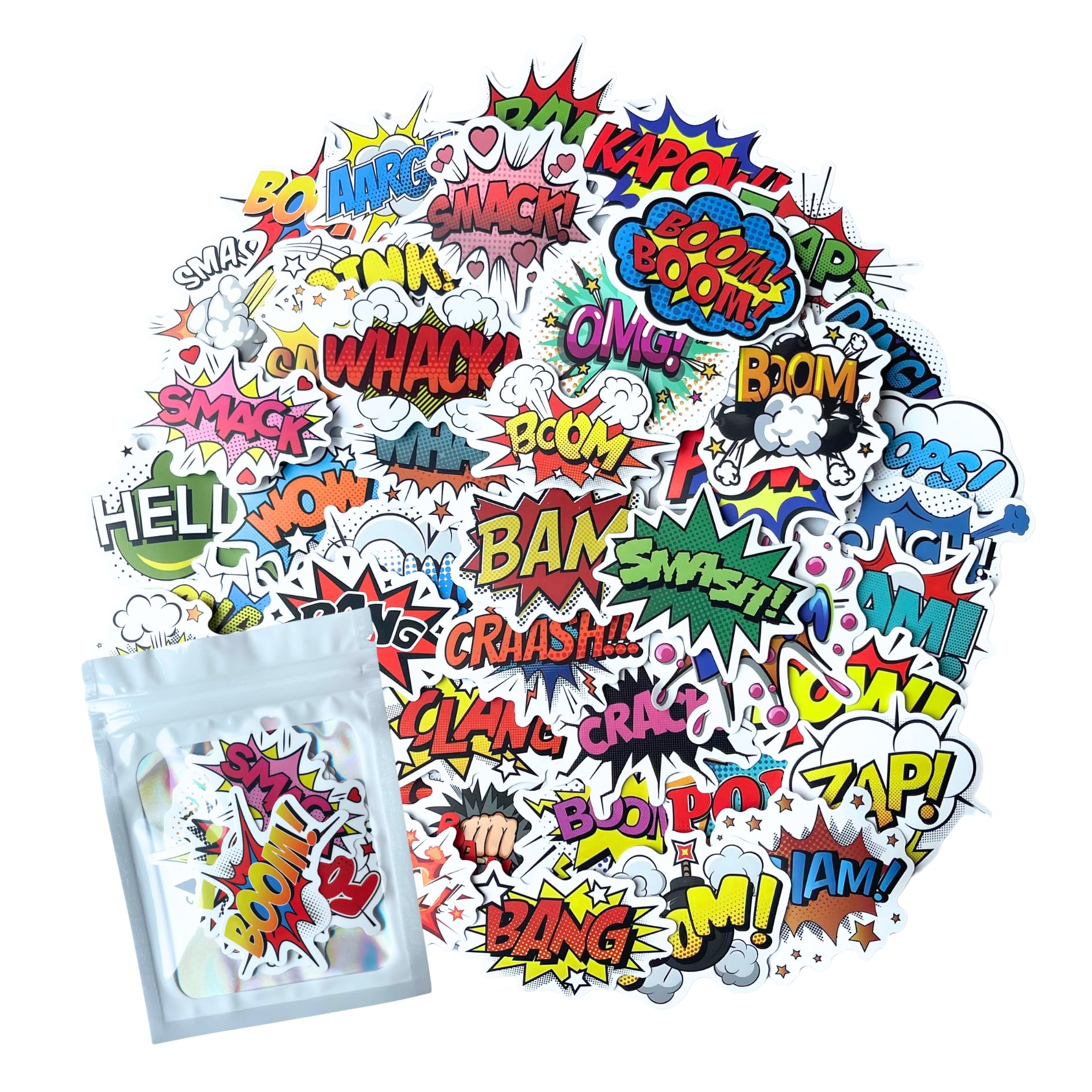 HNTR® Comic Book Stickers | 50 POW! Boom! BAM! Superhero Stickers for Kids and Adults | Fun for Sticker Book, Scrapbooks and Laptop Decoration