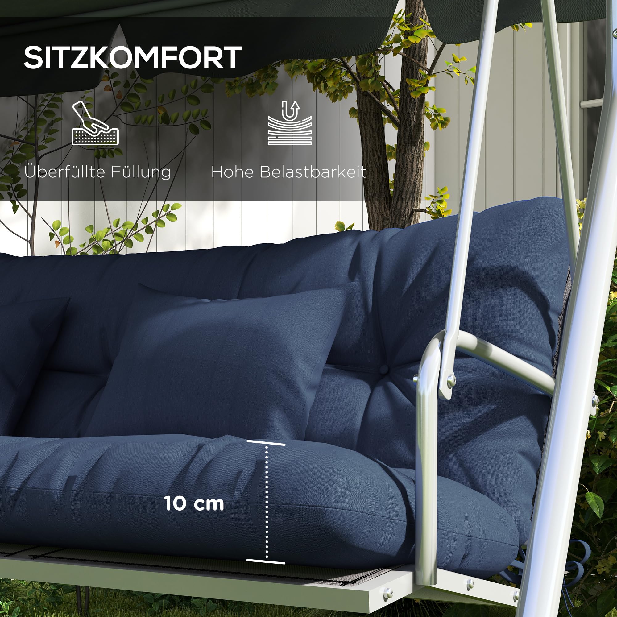 Outsunny Juego de 4 cojines de asiento, 150 x 50 cm, resistentes al agua, con lazos, diseño anudado, 10 cm de grosor, acolchado para columpio, cojín para asiento, para casa, jardín, sofá, azul marino