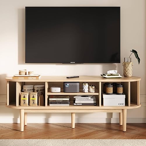 Miniatura 5 de LINSY HOME Soporte de TV para TV de 65 pulgadas, moderno centro de entretenimiento de 58 pulgadas de mediados de siglo con puerta corredera de