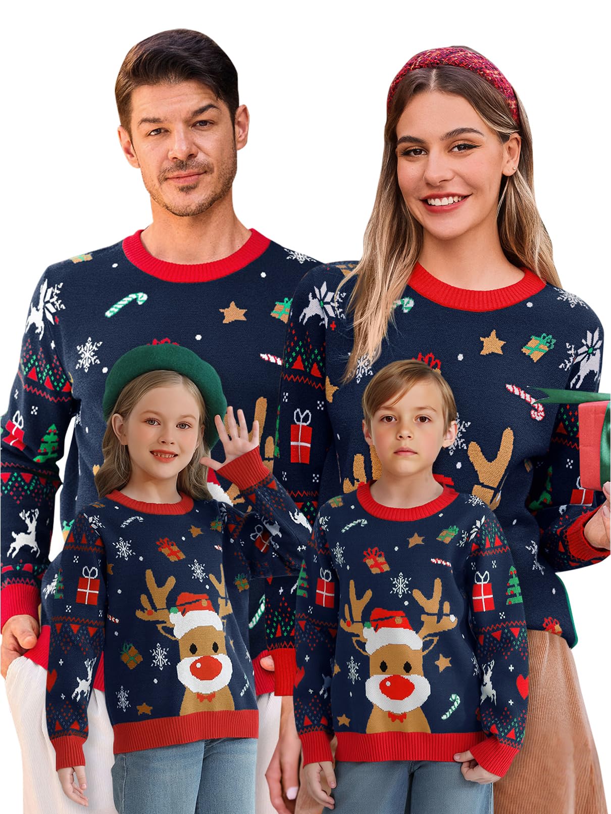 Saodimallsu Chandails de Noël Famille Femmes Hommes Enfants Unisexe Pull de Noël Motif Renne Pull Hiver