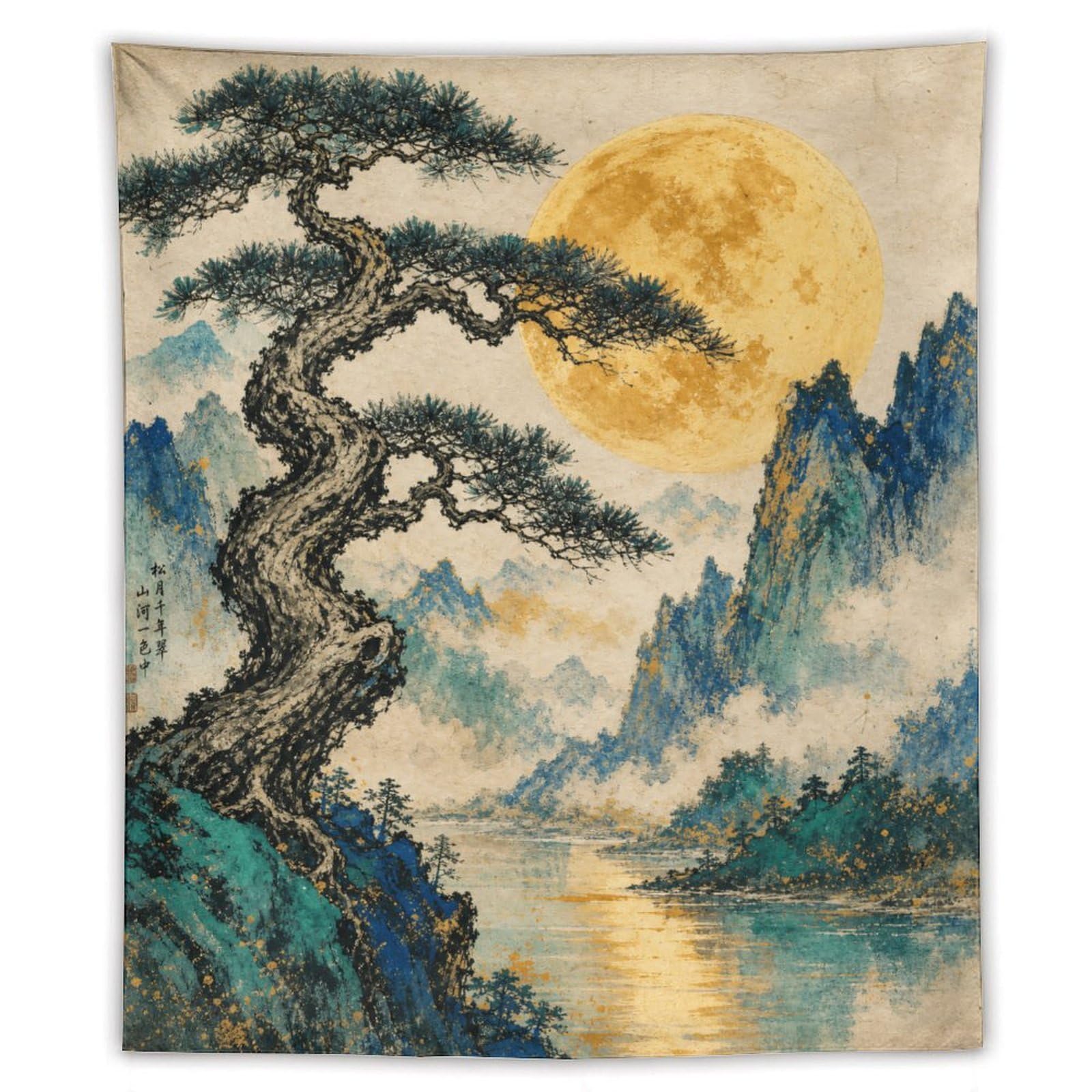 H3B8U2Y5 Golden Moon Pine Lake Wall Tapestry, Asian Ink Style, Bedroom