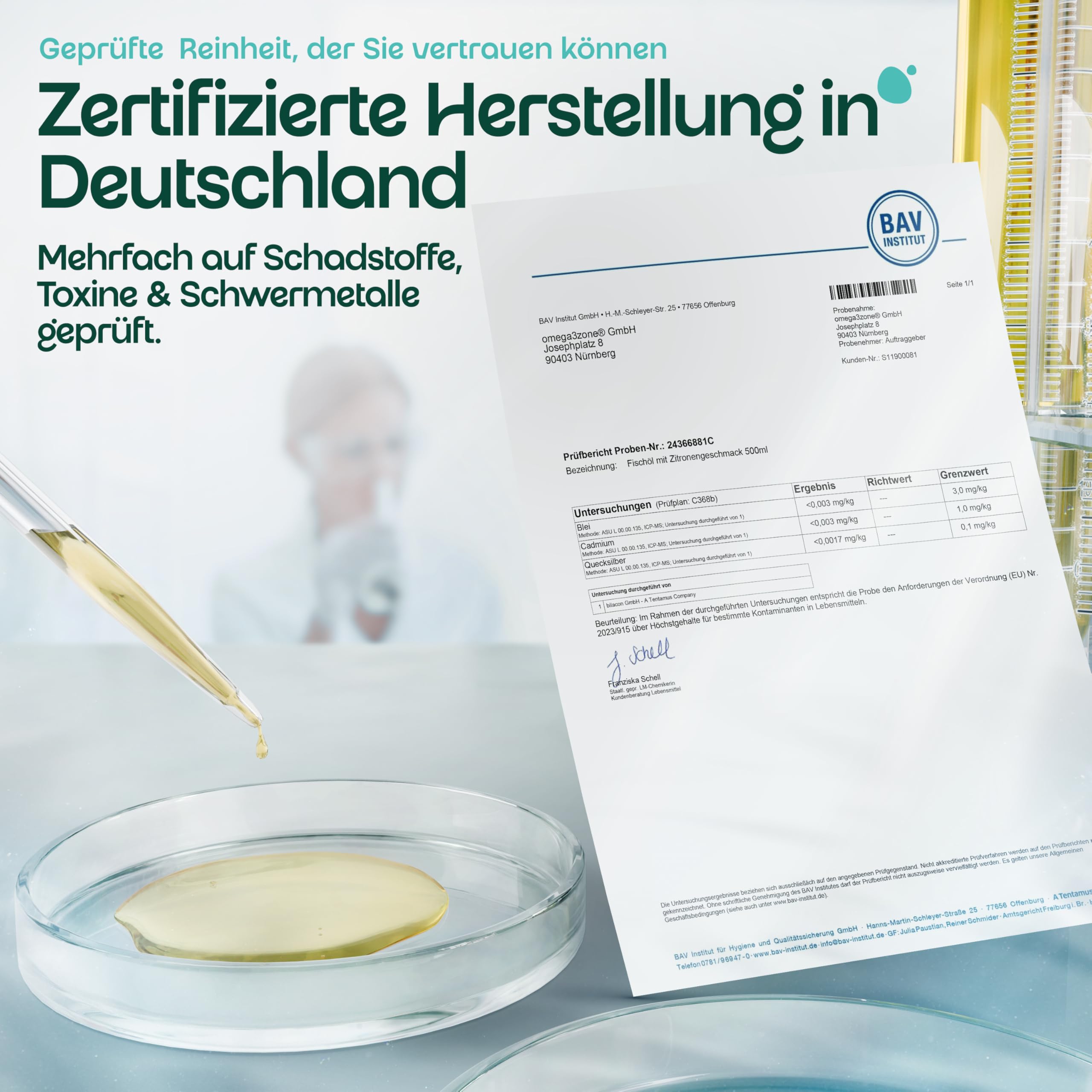 omega3zone Hochdosiertes Omega 3 Fischöl flüssig - 5400 mg pro Portion - Premium Fish Oil - Laborgeprüfte und essentielle Fettsäuren aus Deutschland – 500 ml Zitrone