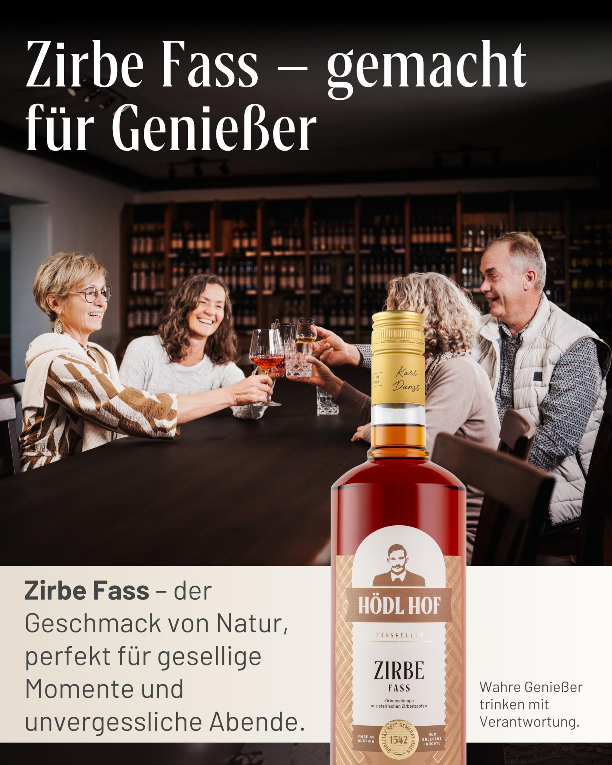 Hödl Hof Zirbe Fass 1,0L I Zirbenschnaps aus steirischen Zirbenzapfen I im Holzfass gelagert I Zirbenschnaps aus hochwertigen Zutaten I Feiner Zirbenlikör aus dem Eichenfass I Edle Spirituose 38% vol