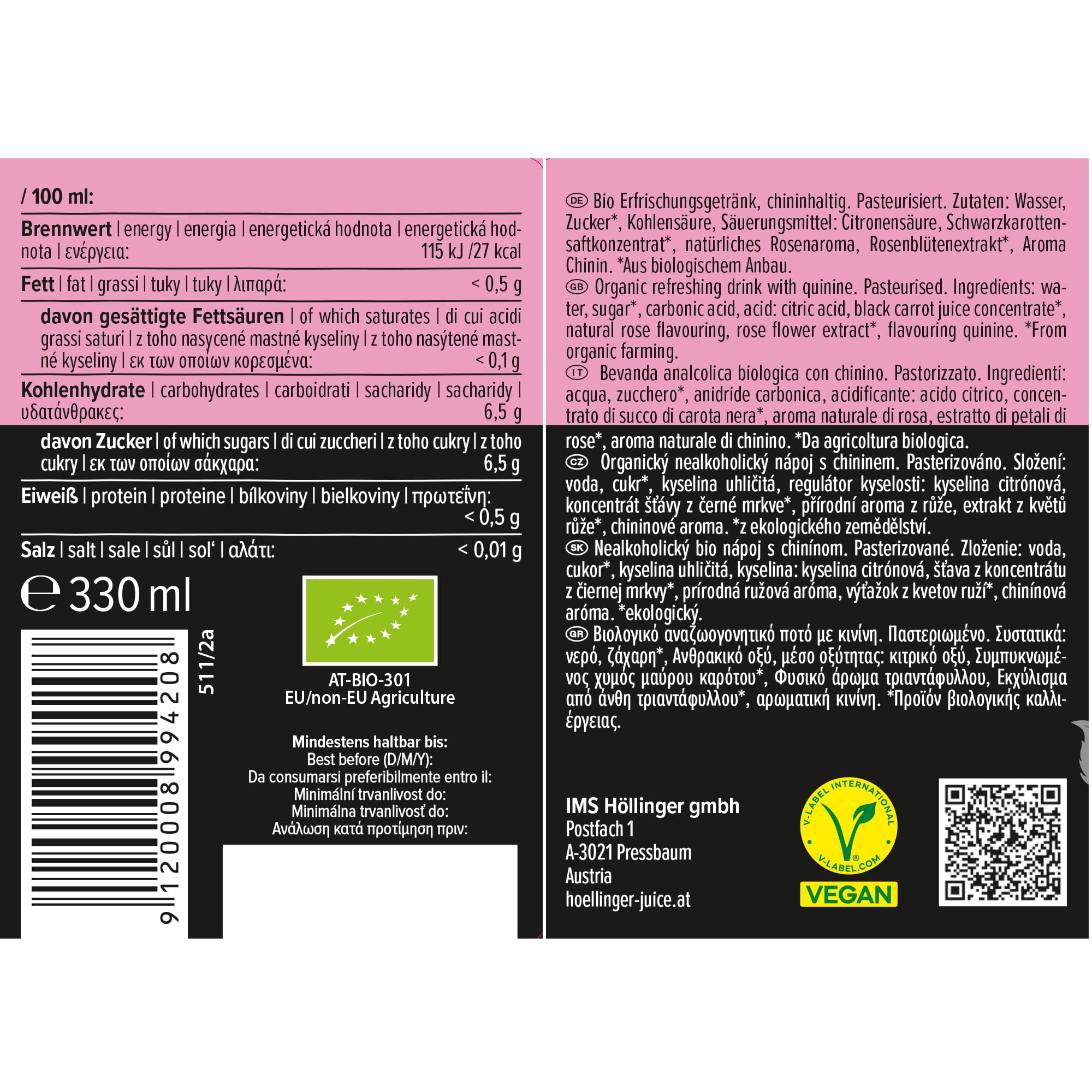 Höllinger Rose Tonic Bio, Bevanda Analcolica Frizzante, Bottiglia di Vetro, Confezione da 12 x 330ml, Fiori Spumeggianti