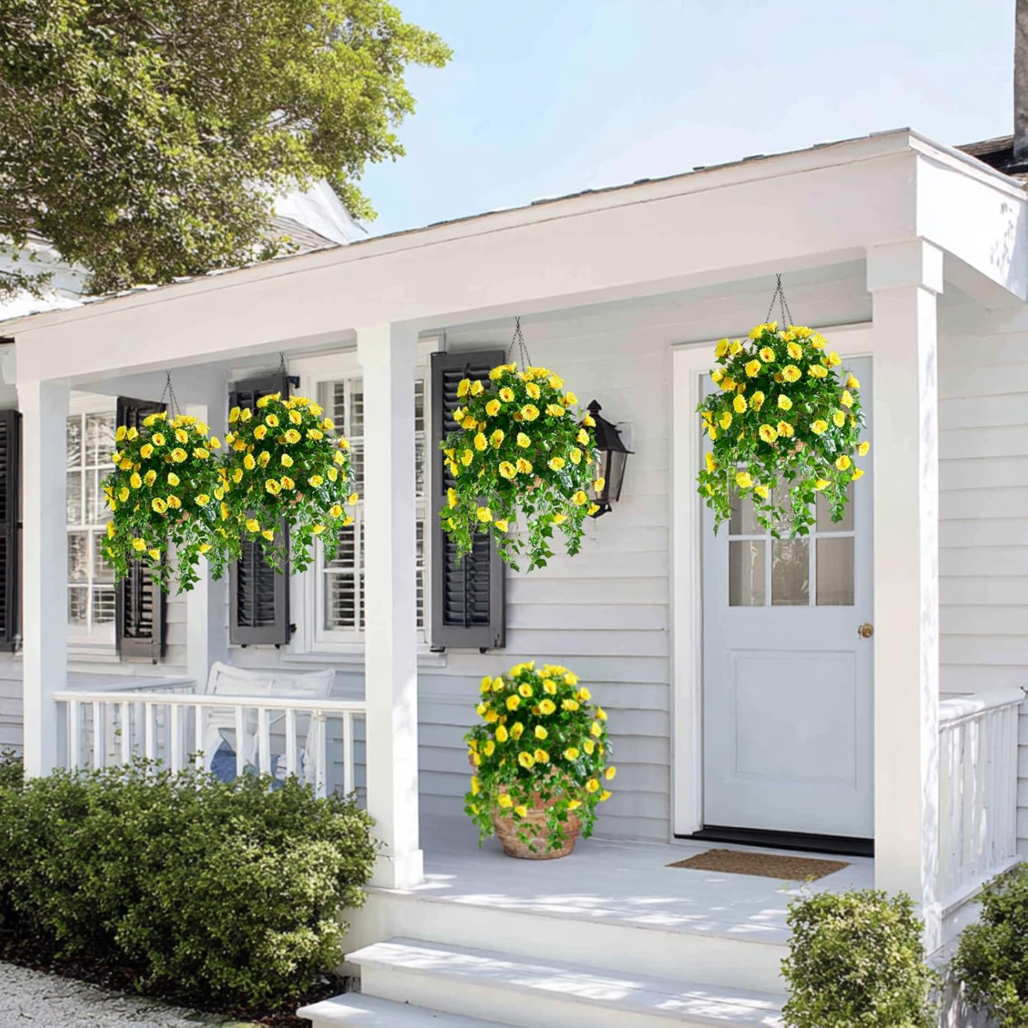 Morning Glory Artificial Hanging Flowers for Outdoors 3 Pcs Fake Petunias Flower Faux Silk Long Trailing Vines Realistic Flower for Front Door Porch Patio Balcony Garden Yard Decor (3 Pcs Yellow)