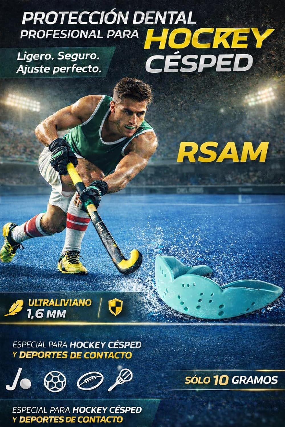 RSAM Professional Mouthguard for Field Hockey and Contact Sports, Ultra-Thin 1.6mm EVA Moldable Dental Protection, Lightweight 10g, Medium Adult/Youth Size