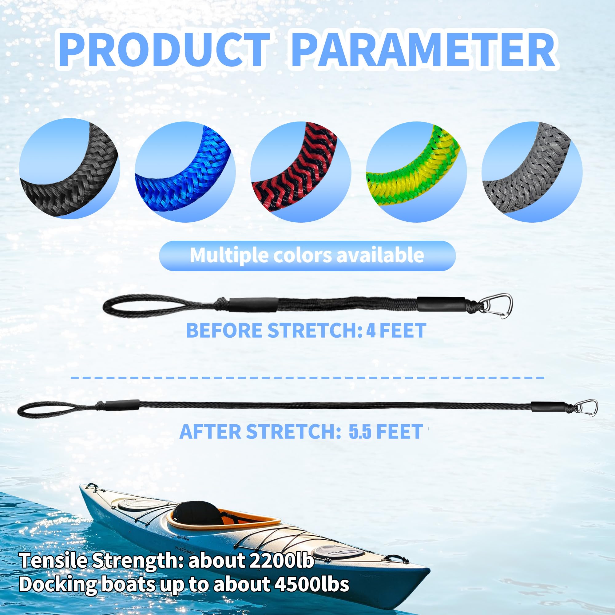 Bungee Boots-Dockleine, dehnbares Festmacher-Seil, Bungee-Docking-Seil, Bungee-Seil, Docking-Seil, 1,2 - 1,5 m mit Clip und Schaumstoff-Schwimmer, 2 Stück, Schwarz
