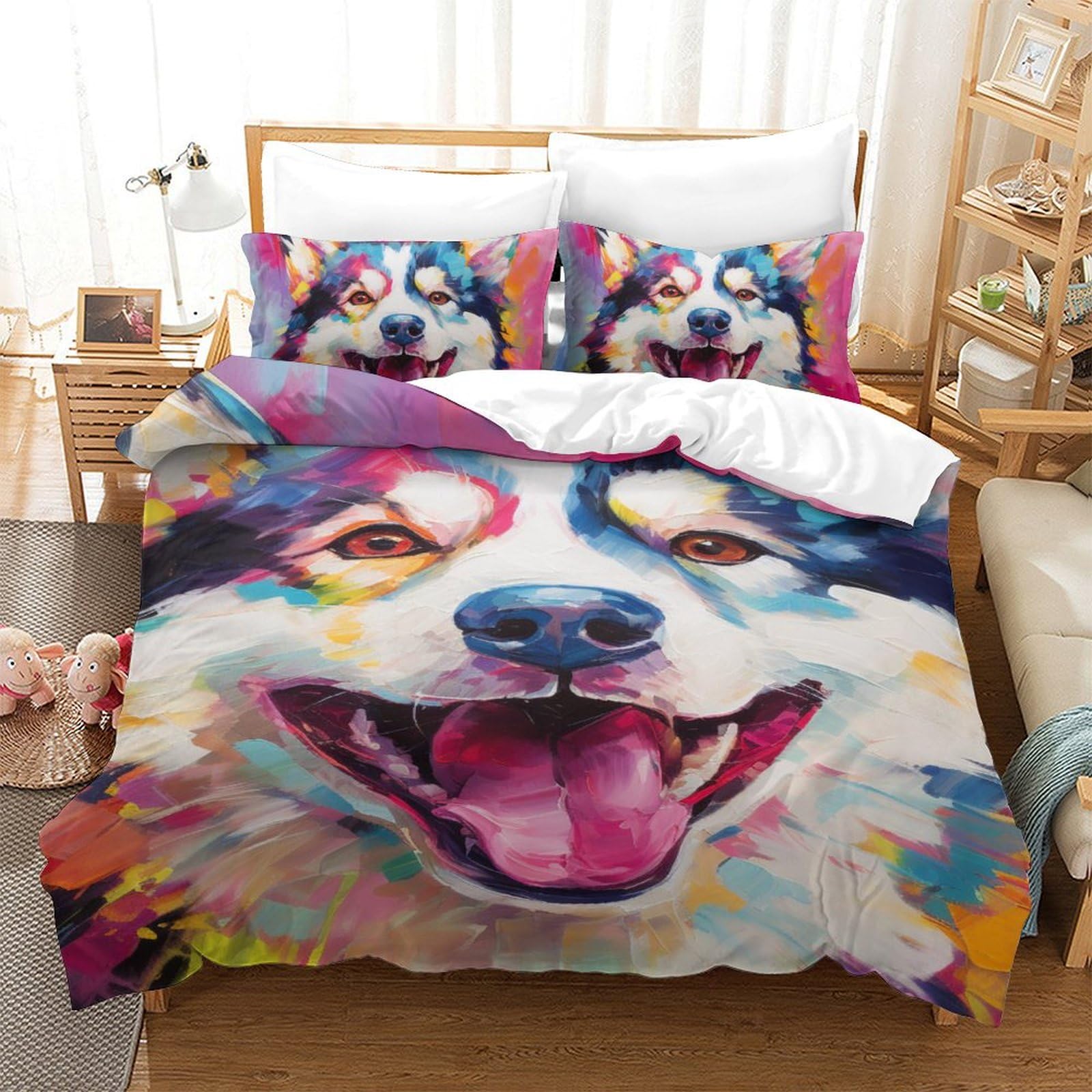 Parure de lit Huskies 140x200 en microfibre avec housse de couette 3D et taies d'oreiller