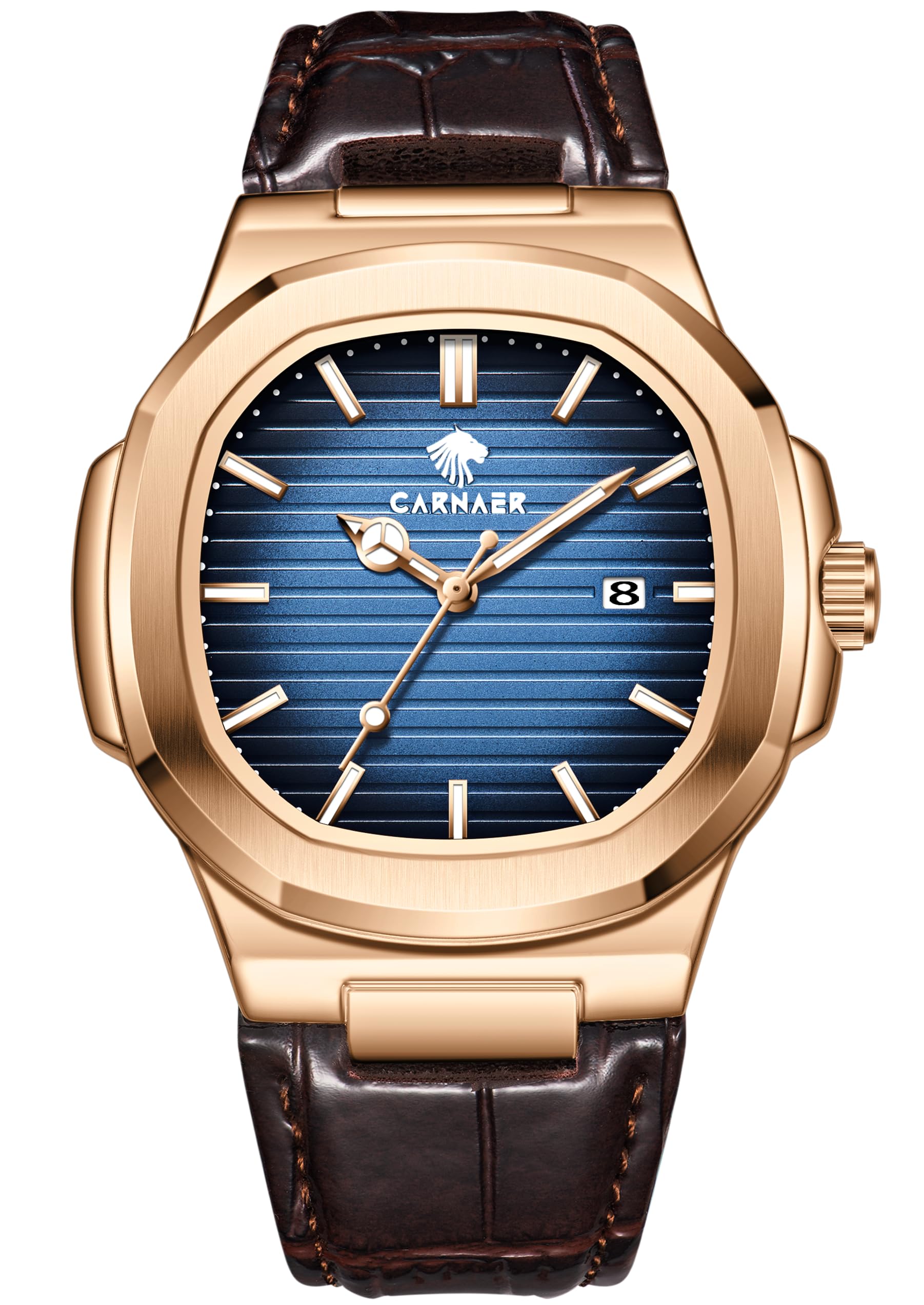 Men Octagonal Rose Gold Luxury Watch for Boy Black Striped Dial, Date Display, Luminous Markers, 30M Waterproof, Leather Strap, Quartz Movement-image-38