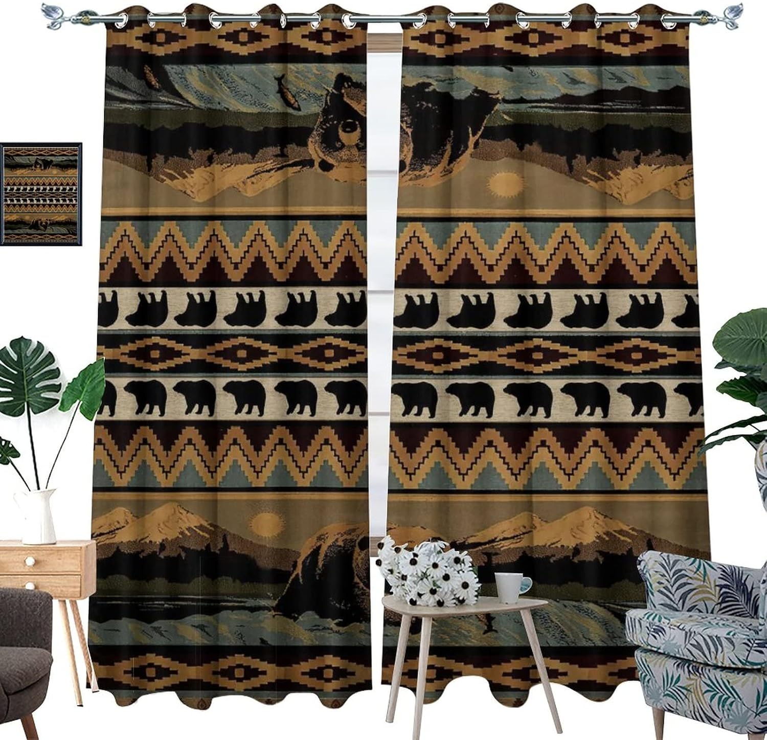 Vintage Farmhouse Bear Ultra Soft Premier Blackout Curtains,Retro Cabin Country Forest Lake Brown BearThermal Insulated Bedroom Noise Reducing Patio Door Grommet Top,2 Panels 63L x 31.5W