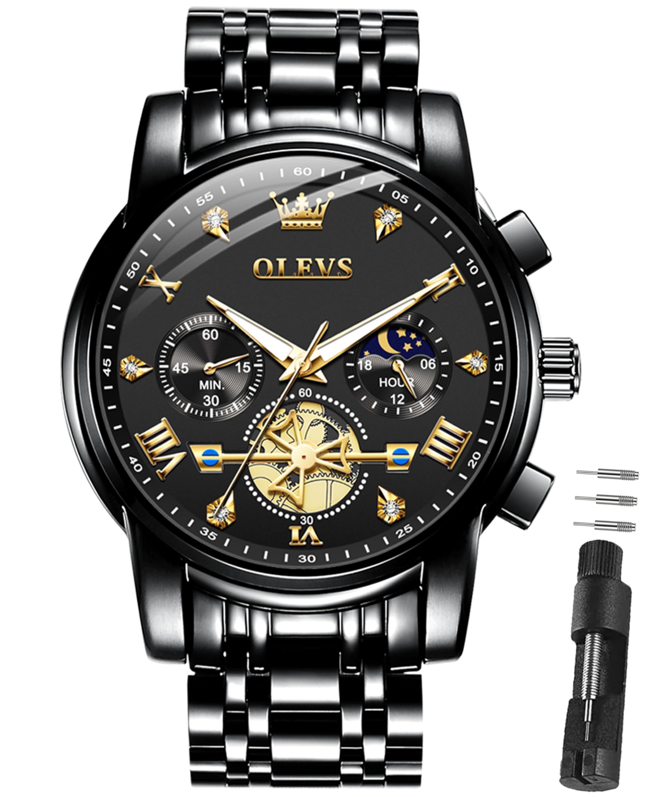 OLEVS Armbanduhr Herren 42mm Großes Zifferblatt Edelstahlarmband Uhren Herren Luxuriös 3Bar Wasserdicht Quarz Herrenuhr Multifunktionsuhr mit Römische Ziffern Männer