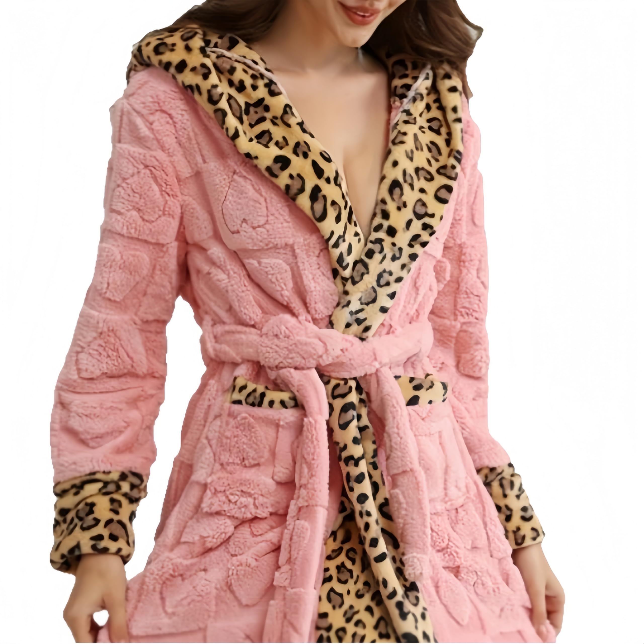 Vestaglia Lunga Sexy da Donna con Stampa Leopardata Rosa - Accappatoio Kimono In Flanella Caldo Invernale - Comodo e Soffice Kimono In Peluche da Casa