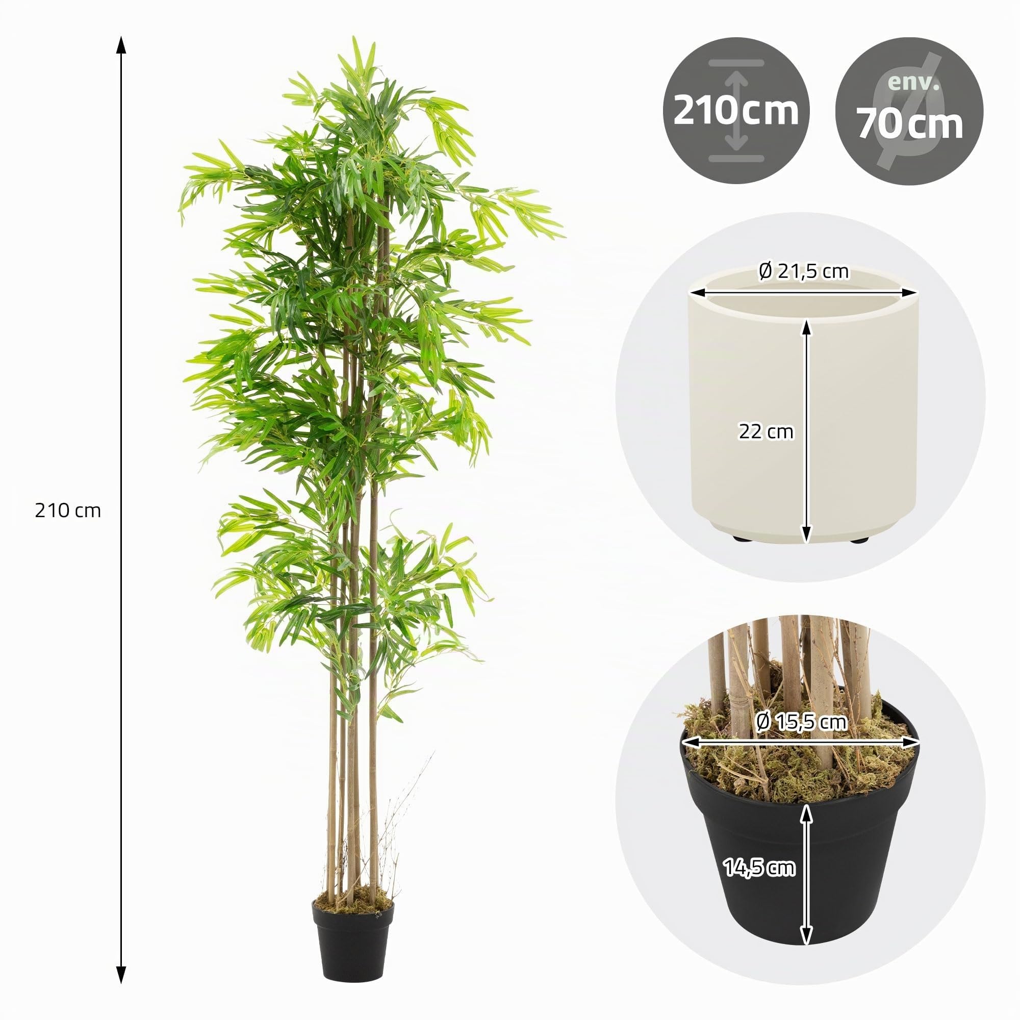 ML-Design Bambou Artificiel 210 cm Décoratif, Plante Verte Grande avec Tronc en Bois Véritable, Fausse Plante en Pot, Déco Aspect Naturel, Arbre pour Intérieur/Extérieur Chambre Balcon Salon Bureau