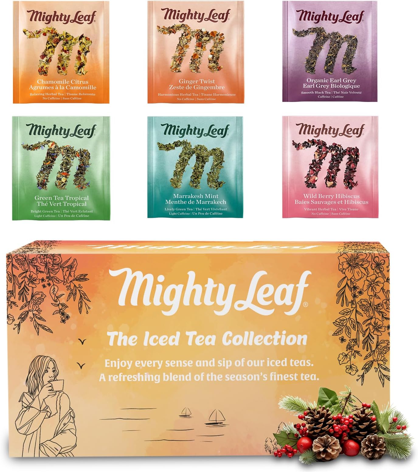 Mighty LeafOrganic Tea Sampler Gift Box – 30 Count Silken Tea Bags – 6 Assorted Flavors: Chamomile Citrus, Earl Grey, Green Tea Tropical, Ginger Twist, Peppermint & Wild Berry Hibiscus – Premium Herbal & Green Tea Variety Pack