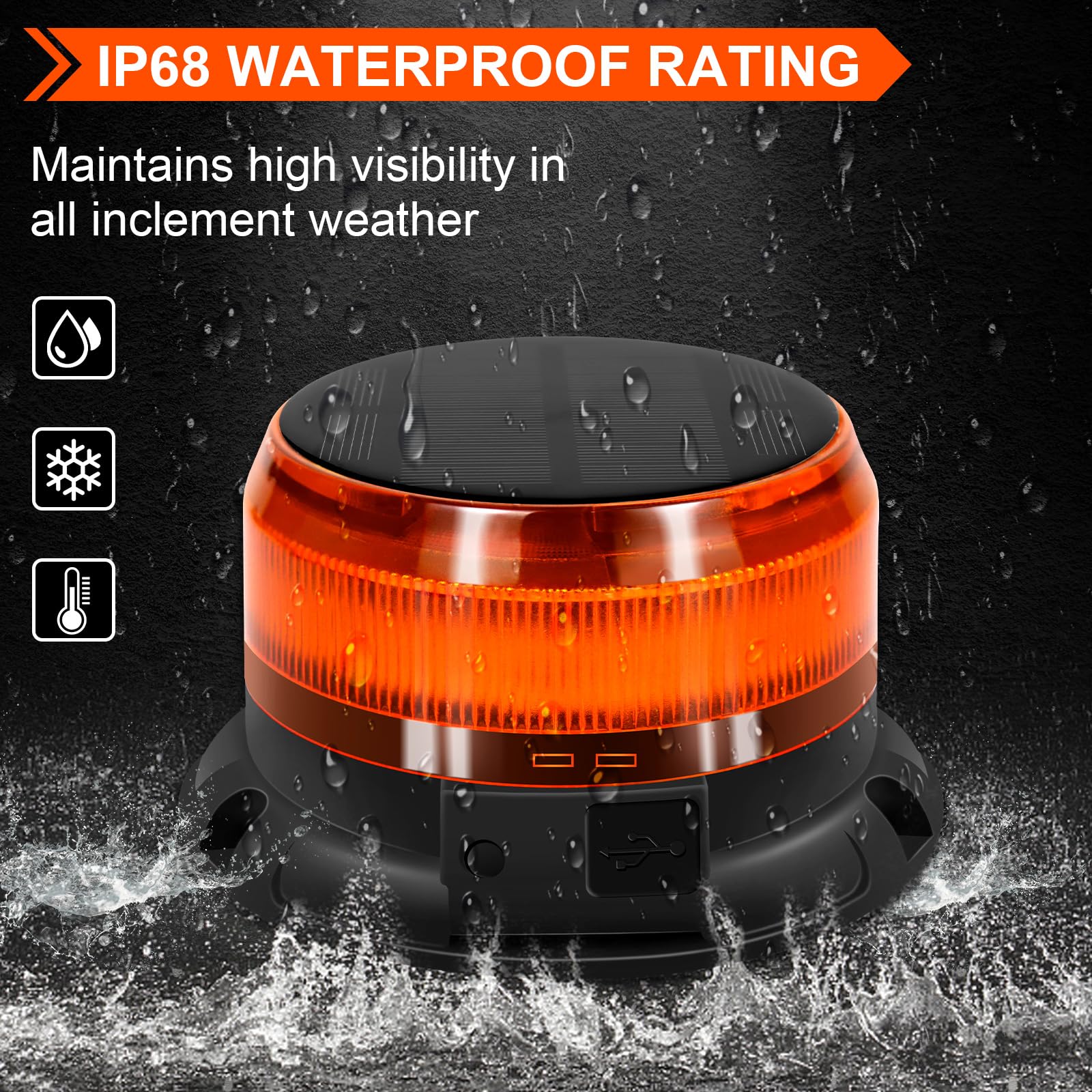 antom Rotativo energía solar Luz LED estroboscópica inalámbrico, 12V-24V orange Luz de emergencia de magnético con 3 meters cable para vehículos, tractores, carros de golf, UTV（Cable USB de carga）