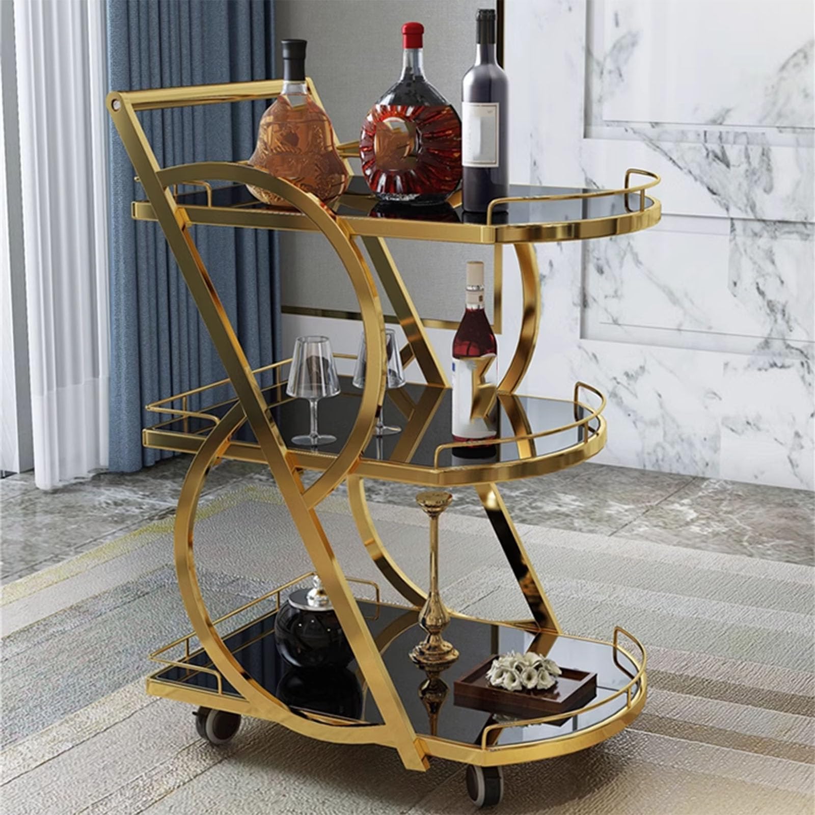 asdchZen Serving Cart Trolley,Mobile Kitchen Serving Cart Cart, Serving Carts On Wheels,3 Tier Storage Shelves,For Home,Gold,Gold