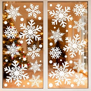 Christmas Window Clings,8 Sheet Extra Large Snowflake Double-Sided Window Clings Decals for Xmas Winter Theme Party New Year Supplies