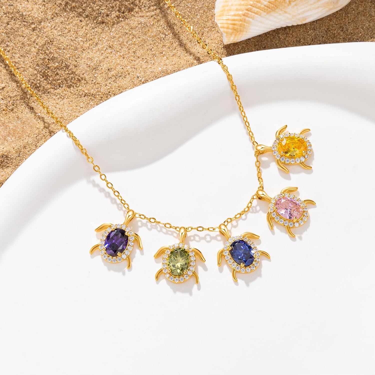 CALLIE Personalized 1-6 Sea Turtle Birthstone Necklace for Women, Custom Family Birthstones Pendant Necklace Jewelry, Mother's Day Christmas Summer Birthday Gifts for Mom Grandma Turtle Lovers