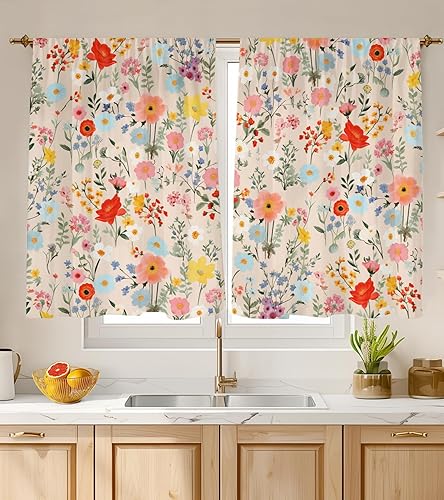 Miniatura 9 de Cortinas de Cocina (2 Piezas) Sobre el Fregadero para Ventana de Baño Café Sótano Cortinas para Cocina Granja Cortina Corta Mini Flor Abeja Verano