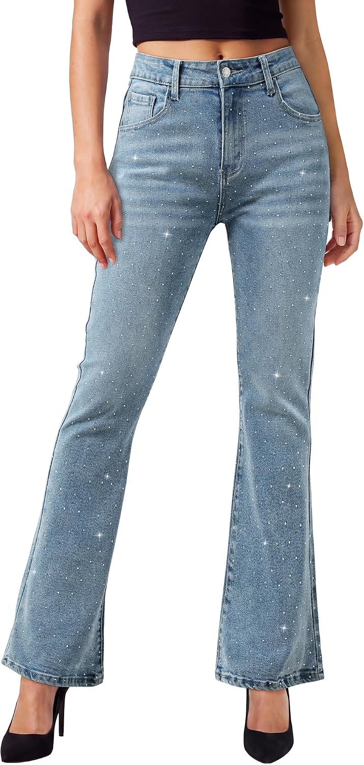Youtalia High Rise Flare Jeans for Women Rhinestone Stretchy Denim Pants with Patch Pockets