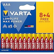 VARTA Pile AAA, 8+4 (12 pezzi), Longlife Max Power, Alcaline, 1,5V, ideale per fotocamere digitali e controller, imballaggio riciclato al 90%, Made in Germany