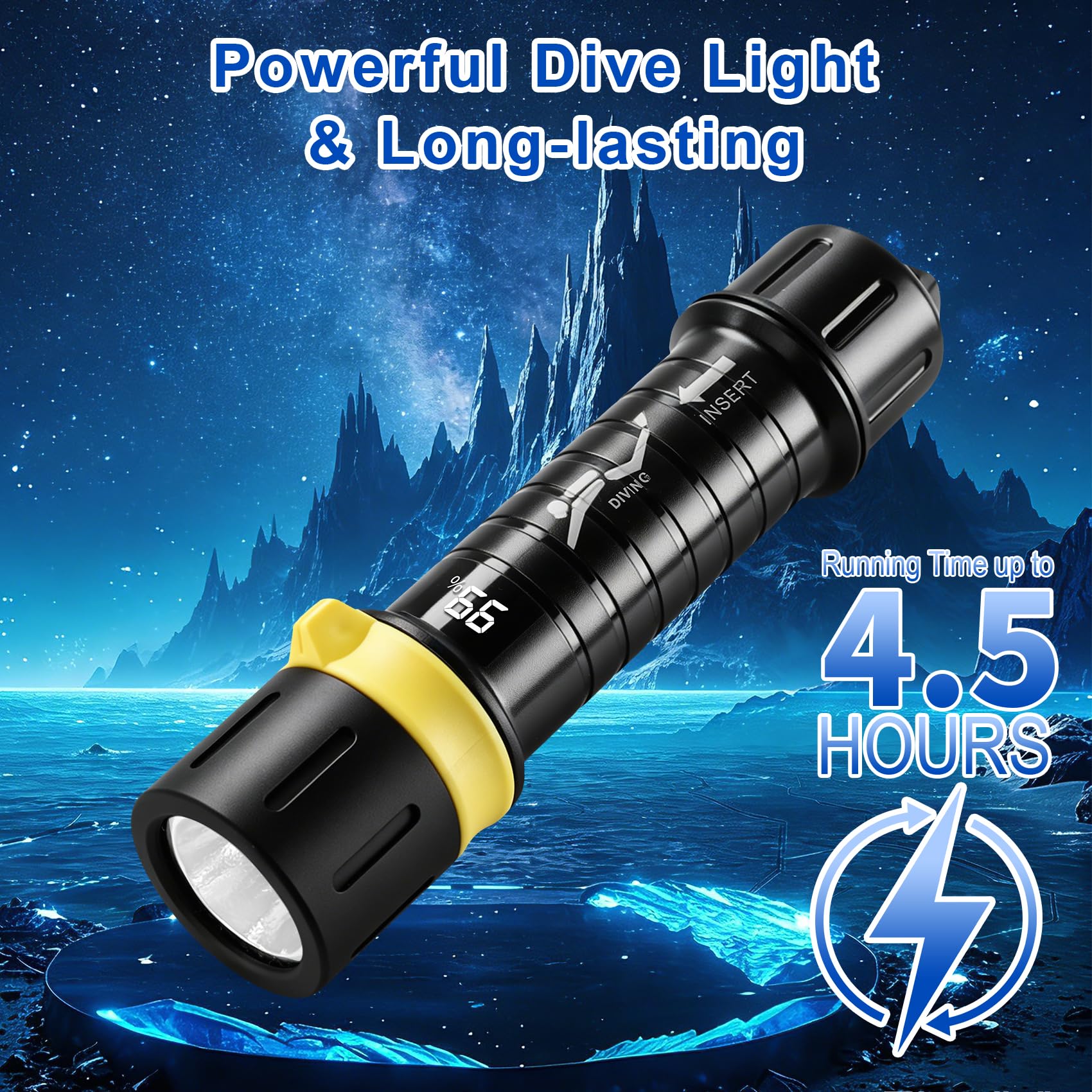 WINDFIRE Lampe de plongée sous-marine rechargeable, lampe de poche de plongée
