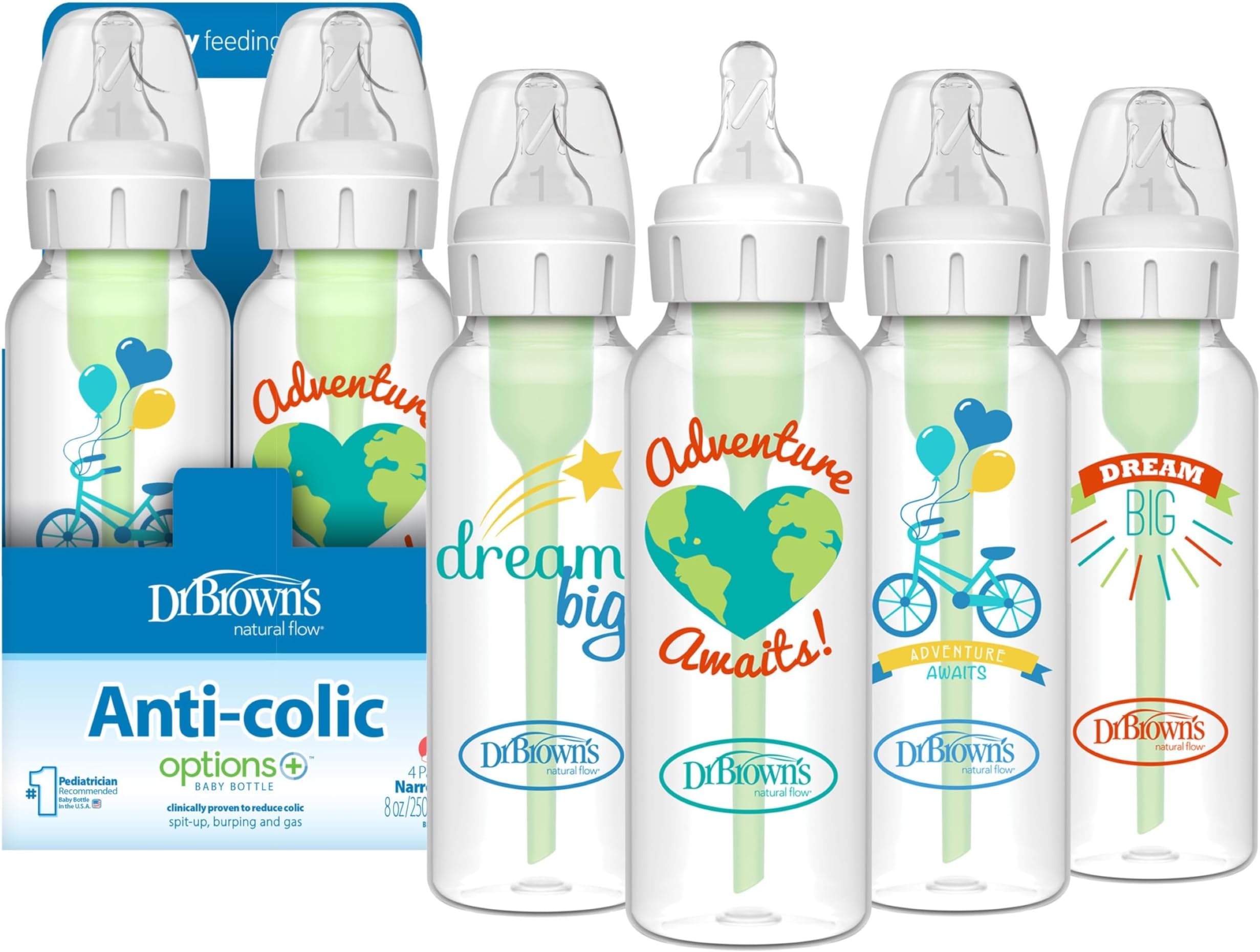 Dr. Brown's Natural Flow Anti-Colic Options+ Narrow Baby Bottle, Dream Adventure, 8 oz/250 mL, with Level 1 Slow Flow Nipples, 0m+, 4 Pack