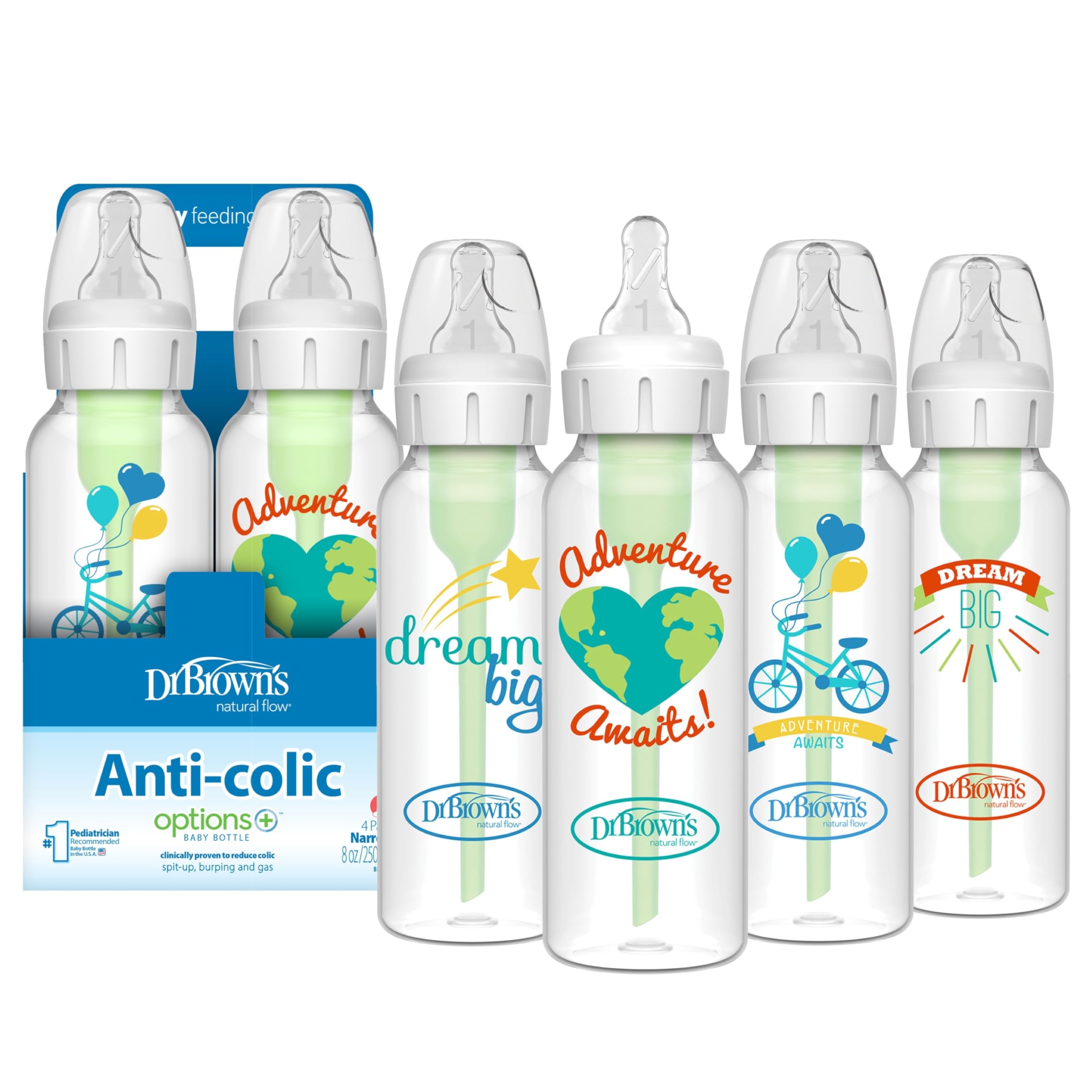 Natural Flow Anti-Colic Options+ Narrow Baby Bottle, Dream Adventure, 8 oz/250 mL, with Level 1 Slow Flow Nipples, 0m+, 4 Pack