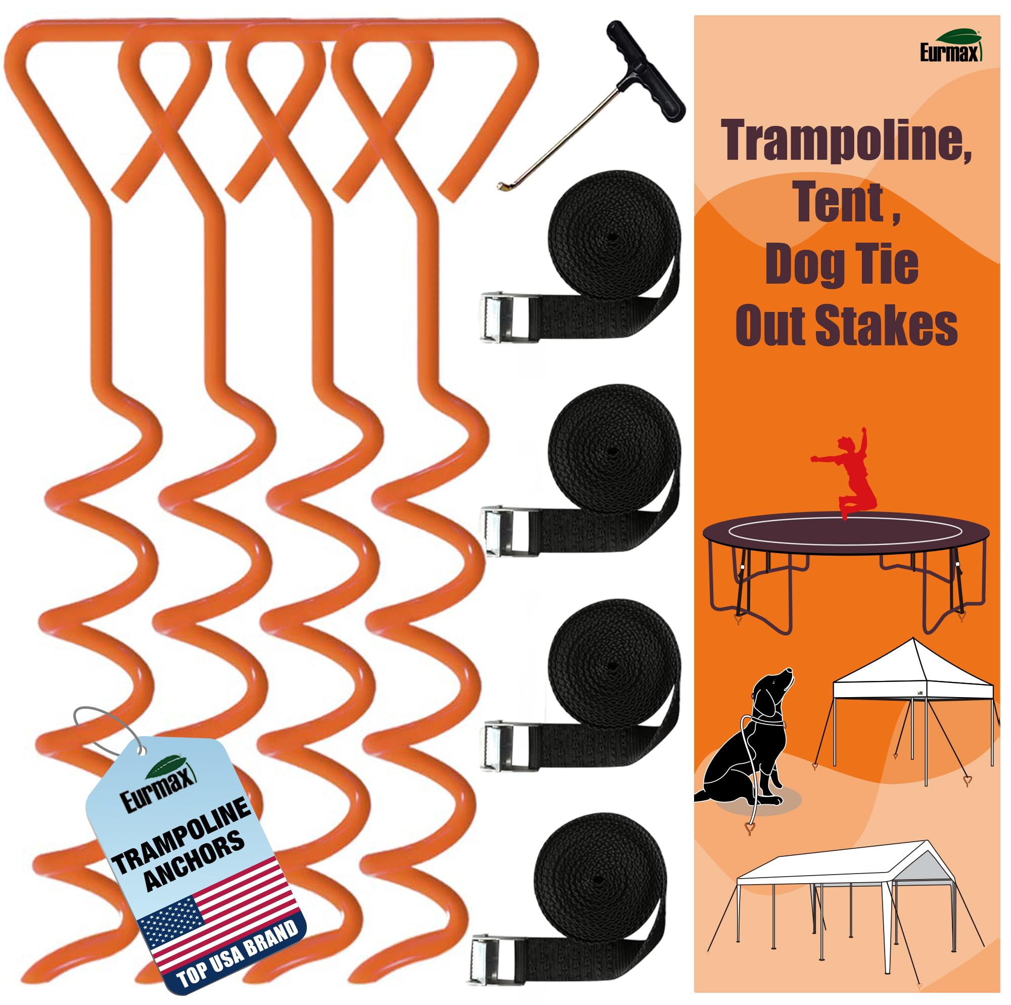 EURMAX USA 4-Pack Windproof Trampoline Stakes Anchor Kit-Steel Corkscrew Anchor,Heavy Duty Tie Down Kit with T-Hook&amp;Reinforced Safety Straps,Secure Weatherproof Protection for Trampoline,Tent&amp;Playset
