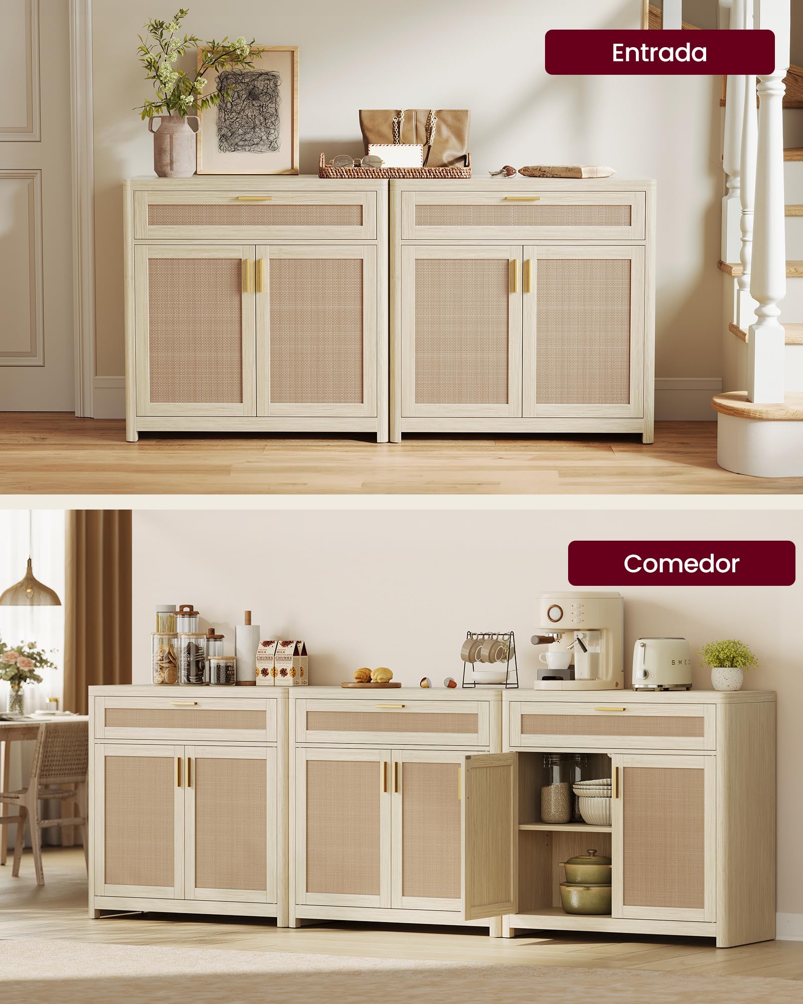 VASAGLE ELLAN Colección - Aparador de Estilo Boho con Puertas Efecto Ratán, Mueble de Cocina, Esquinas Redondeadas, Estante Ajustable, Cajón, Comedor, Beige Natural BBK601LC01