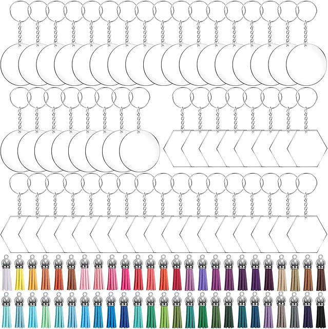 Duufin 200 Pcs Acrylic Keyring Blanks Tassels Set Including 50 Pcs Acrylic Clear Blanks in Hexagon and Round 50 Pcs Key Rings with Chain 50 Pcs Tassels and 50 Pcs Jump Ring for DIY Projects and Craft