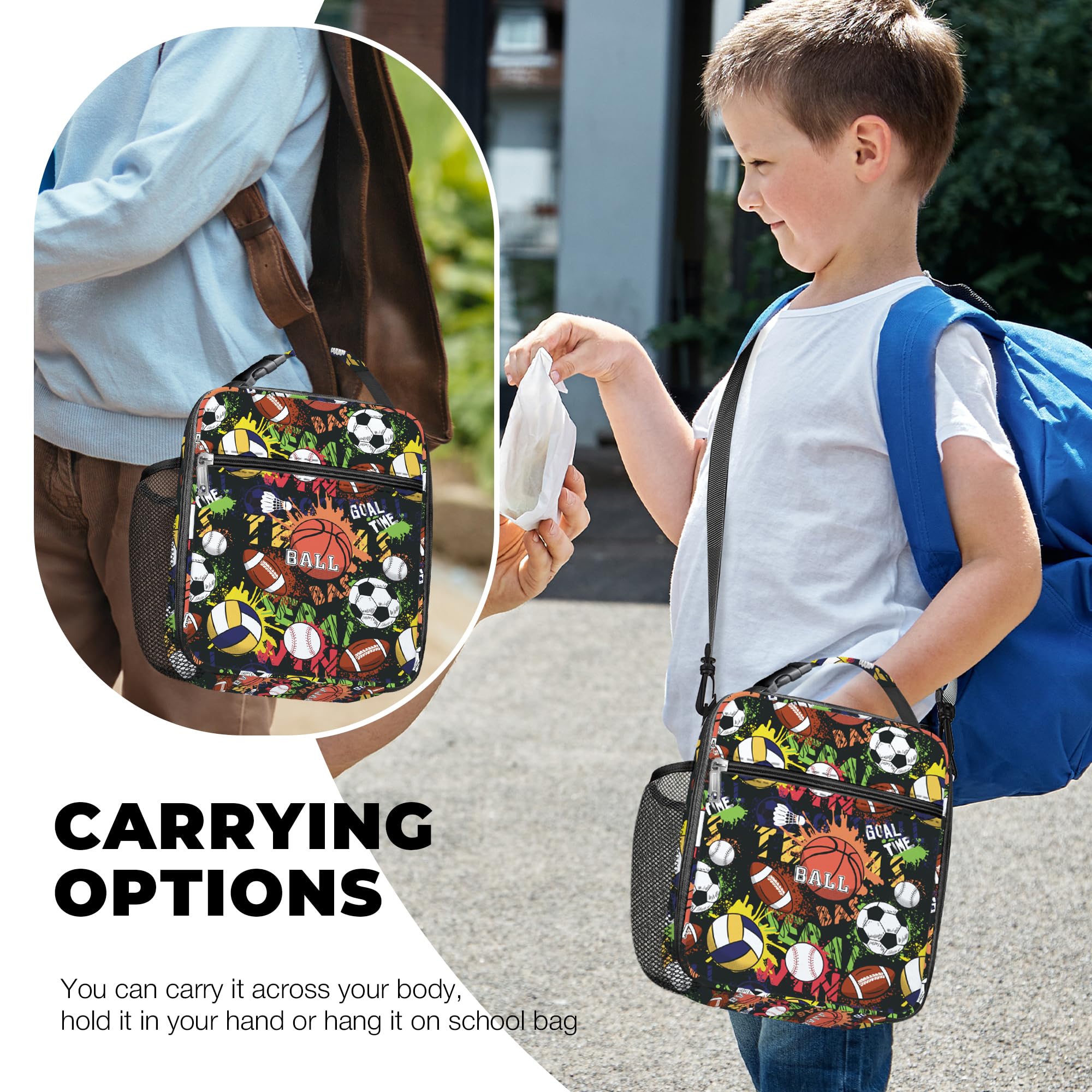 Clastyle Sport Ball Insulated Lunch Bag Large Thermal Cooler Bag for Boys Picnic Lunch Box Tote Black Basketball - Image 2