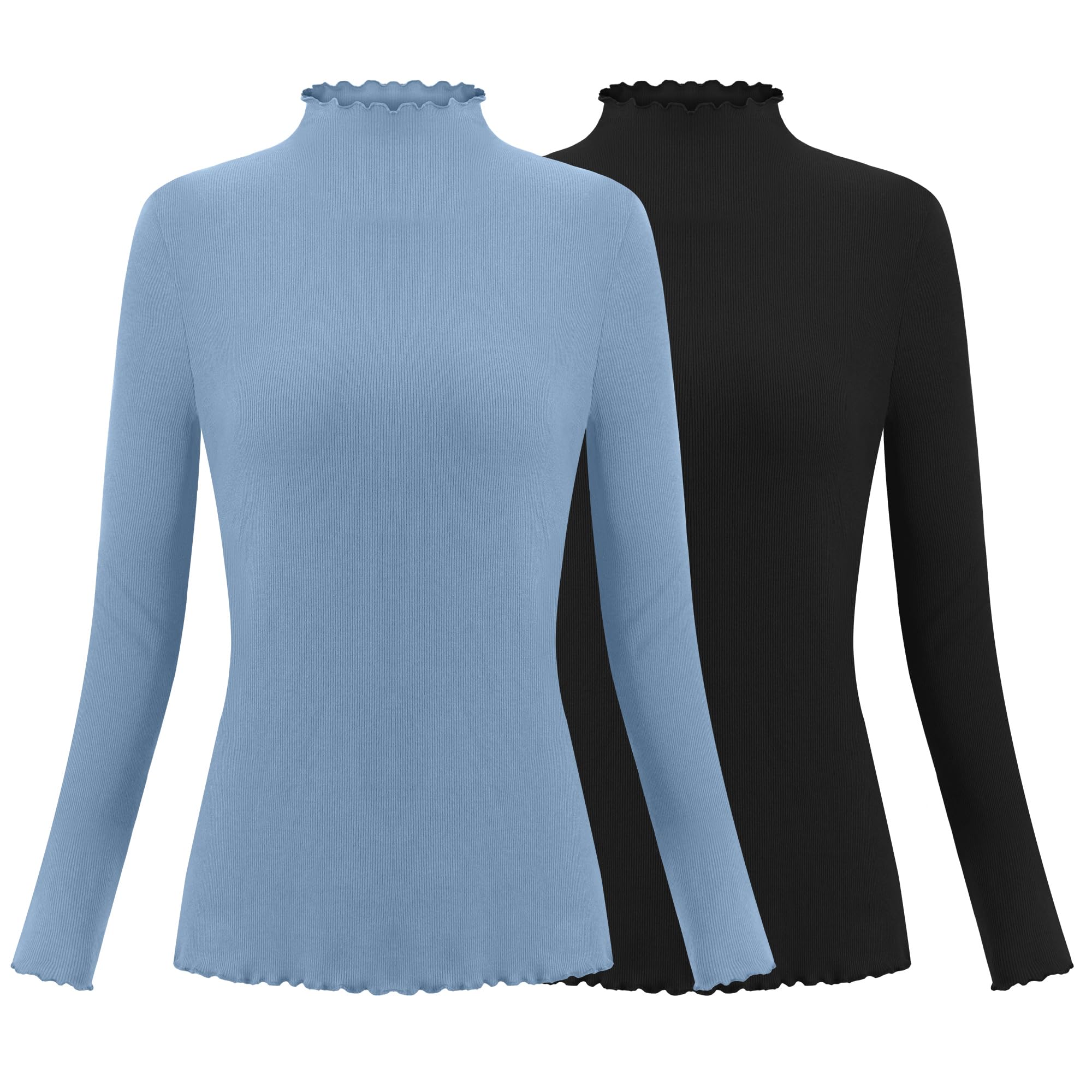 2 Pack Women Lettuce Trim Ribbed Knit Long Sleeve Top Mock Neck Basic Layer Tops Turtleneck Thermal Underwear Tops-image-46