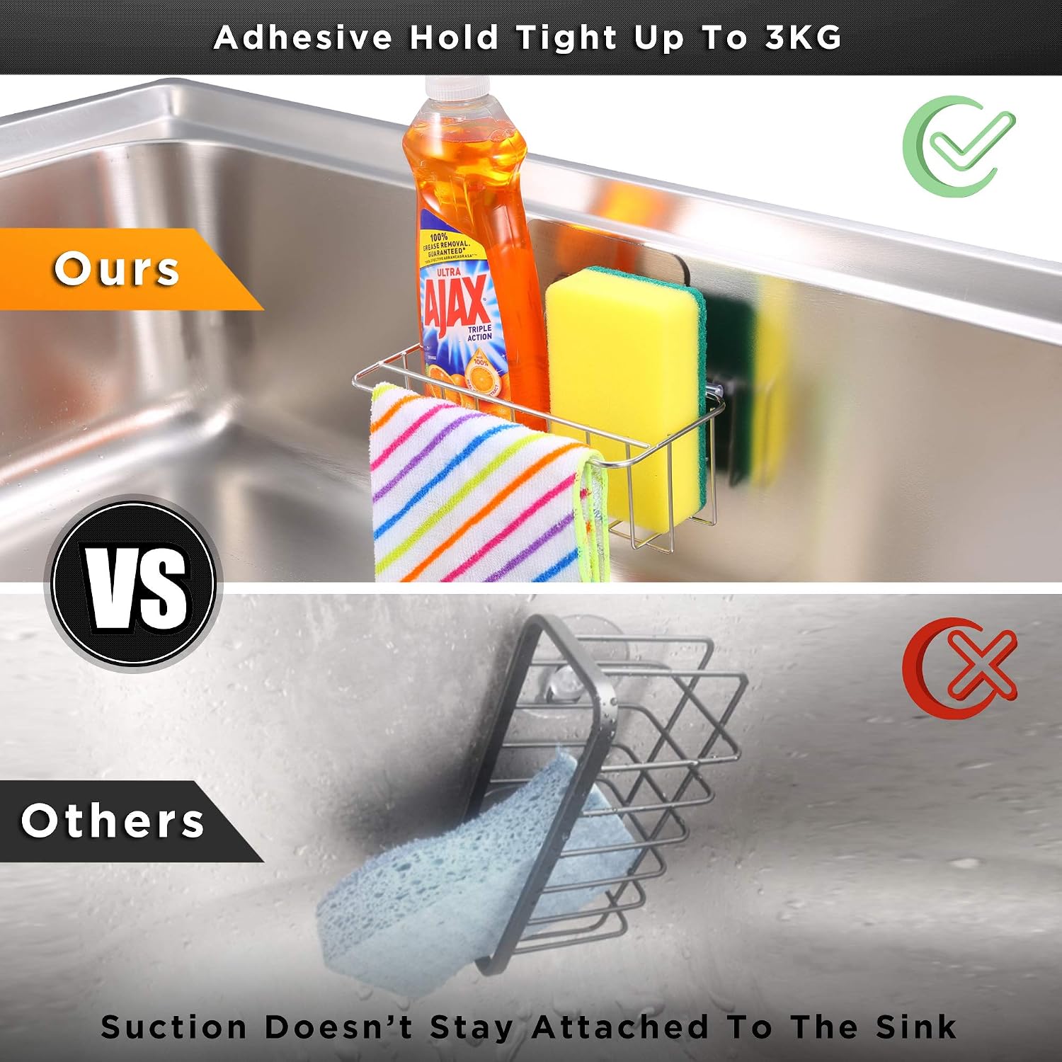 Kitchen Sponge Holder for Sink Caddy, Adhesive Sink Dish Cloth Hanger Organizer 2 in 1 Soap Rag Brush Holder Dispenser Stainless Steel Rustproof Dishwashing Organization Basket