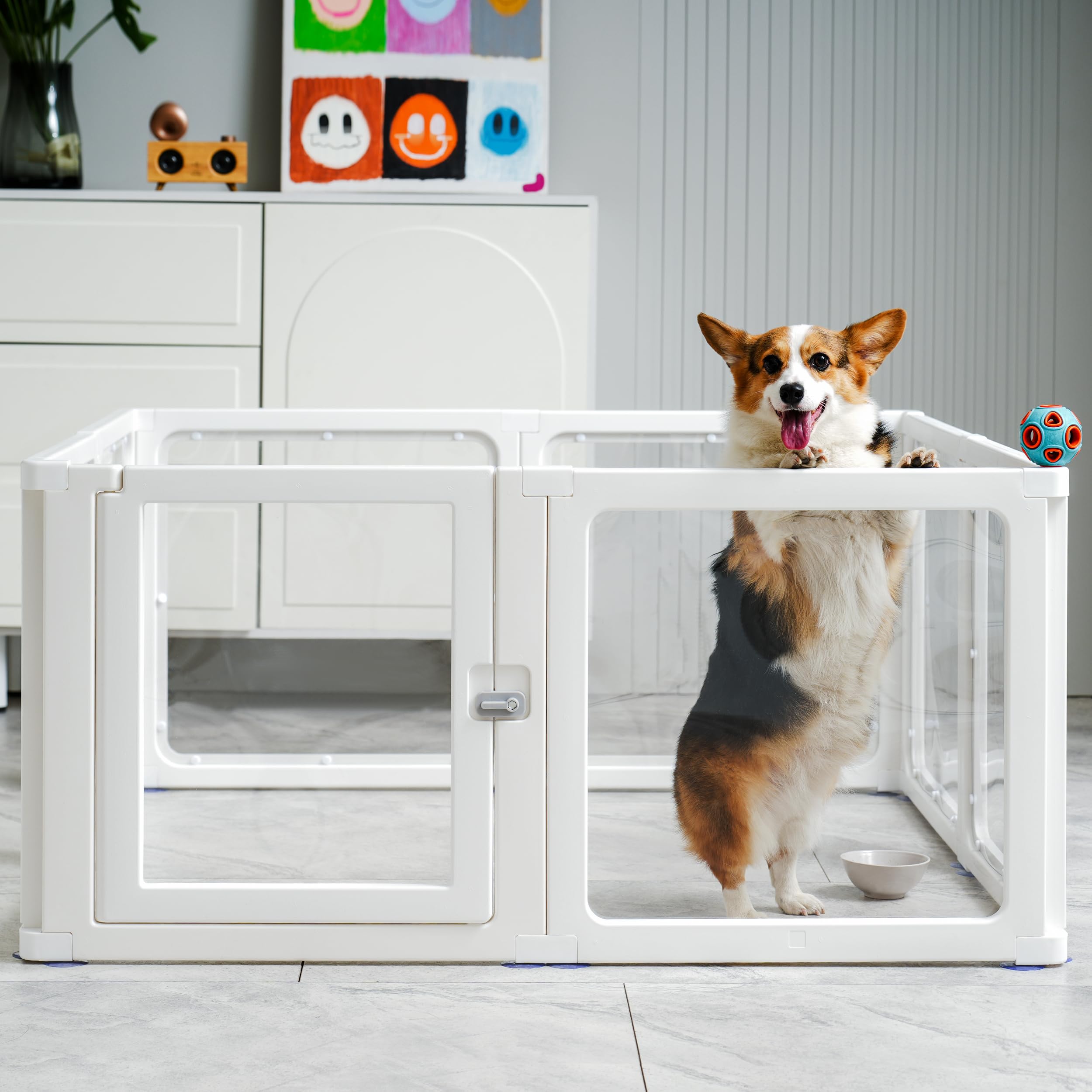 8 Welpenlaufstall Faltbar mit abschließbarer Tür, 120X120X60cm hoch, Welpenauslauf Indoor Transparent, Laufstall Hund für Katzen, Hunde, Kaninchen und kleintiere, rutschfest, weiß