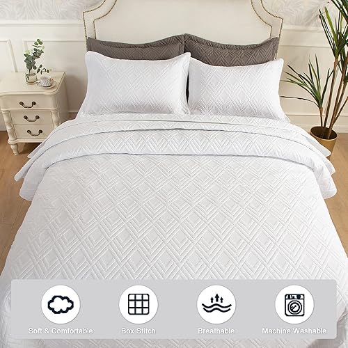 Miniatura 5 de Hygge Hush Juego de edredón de verano, tamaño individual, color blanco puro, patrón L, juego de 2 piezas de estilo moderno de gran tamaño para todas