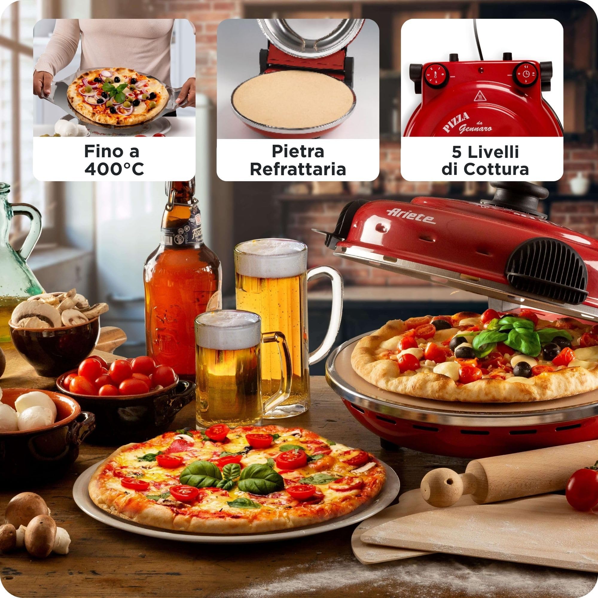 Ariete Forno Pizza 919, Pizza 4' Minuti, Forno per Pizza con 5 Livelli di Cottura, Piastra Refrattaria Antiaderente per Riscaldare, Pale in Legno Incluse, Temperatura Max 400°C, 1200W, Rosso