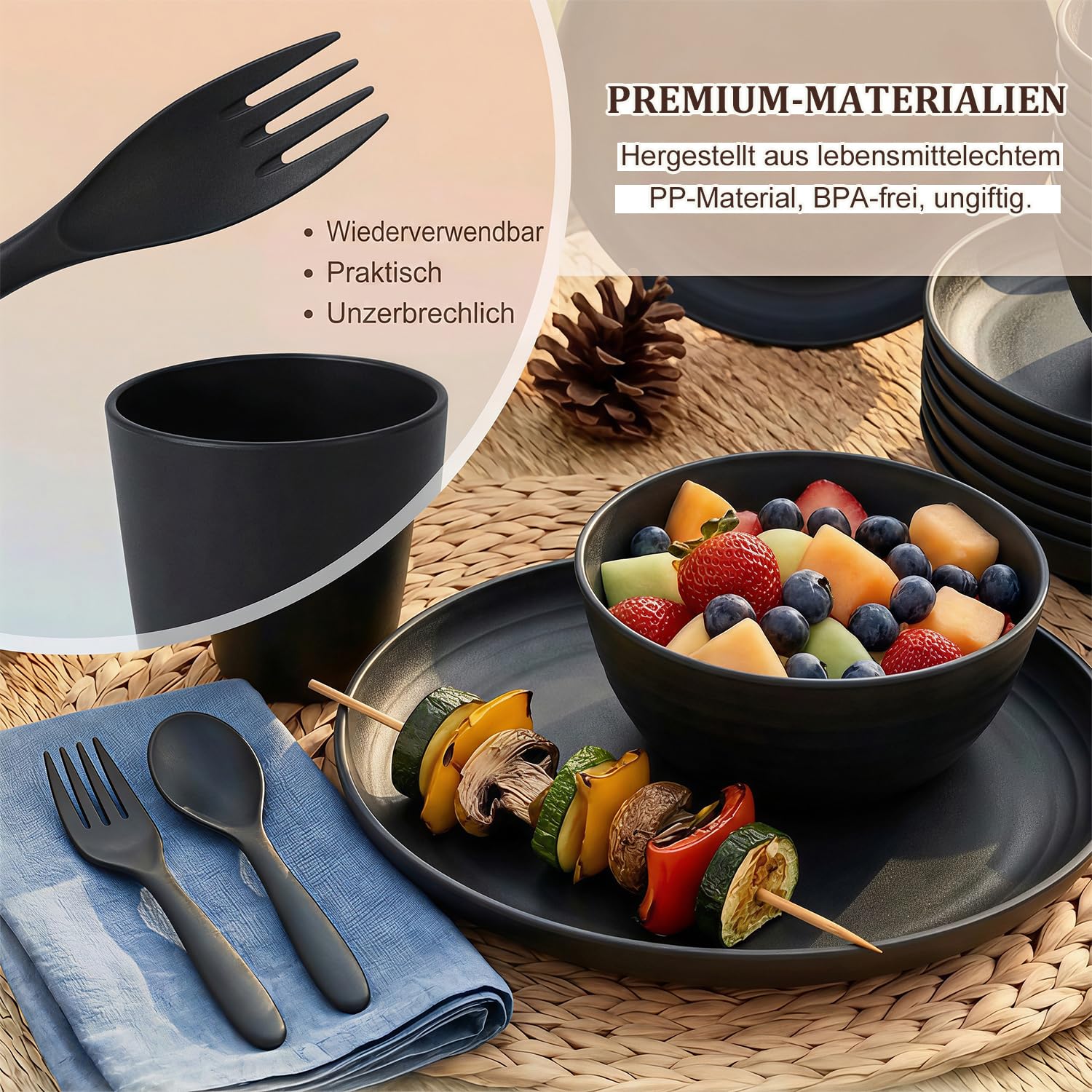 Wrova Service de table réutilisable en plastique noir pour 8 personnes - 48 pièces - Ensemble d'assiettes et de bols avec fourchettes et cuillères - Vaisselle légère pour cuisine, camping, école