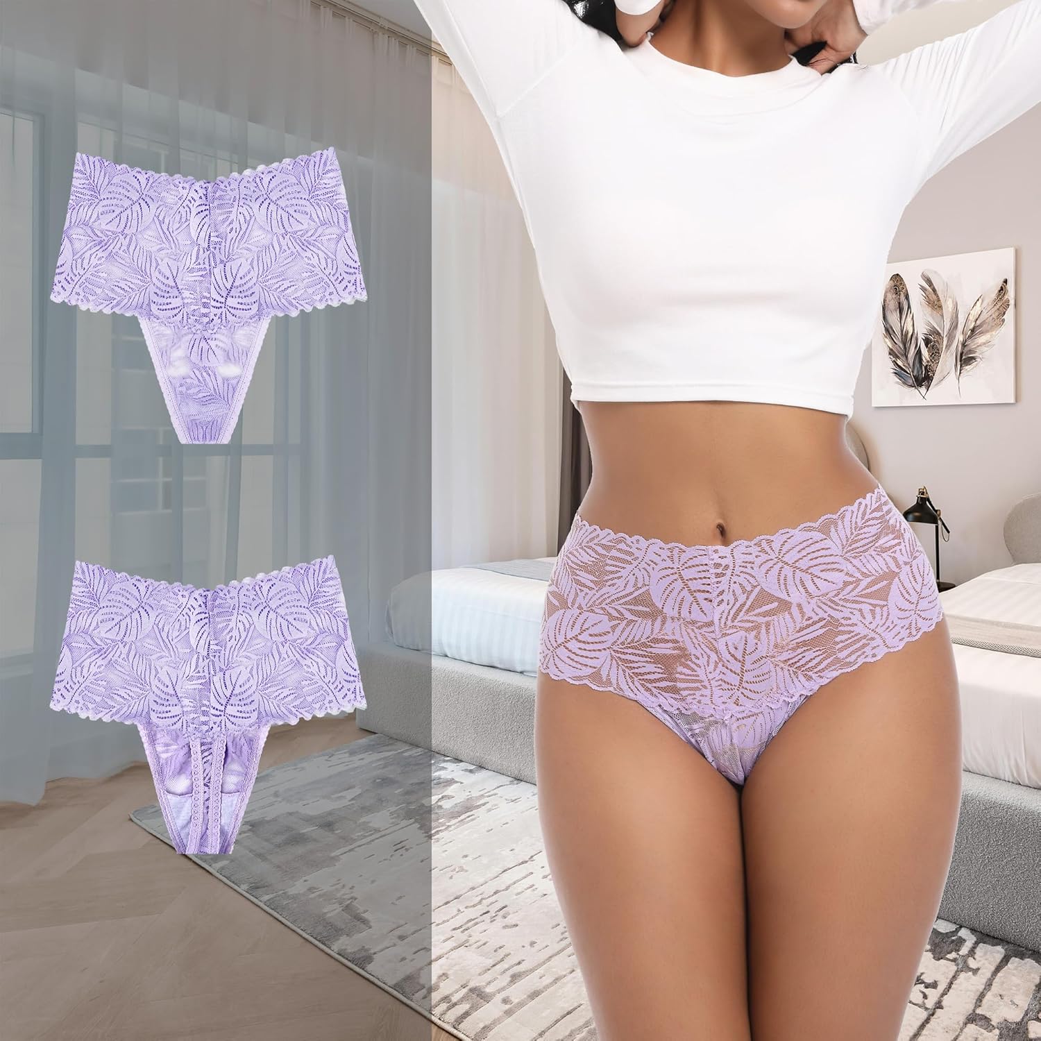 Retro Lace Thongs For Women Plus Size Breathable Seamless Cotton Panties Tummy Control High Waisted Underwear Pack 5 - Image 2