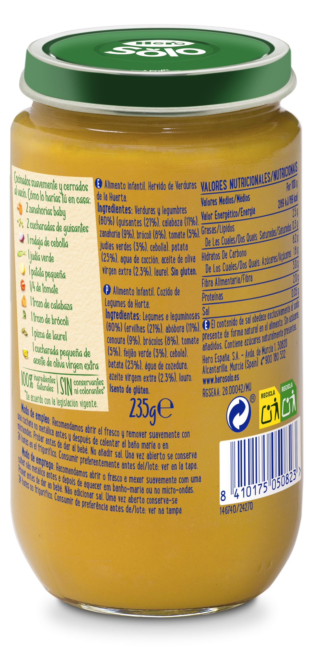 Hero Baby - Tarritos de Hervido de Verduritas de la Huerta, Alimento Infantil para Bebés a Partir de los 4 Meses, 100% Ingredientes Naturales,Sin Aceite de Palma, Almidón, ni Sales Añadidas- 235 g