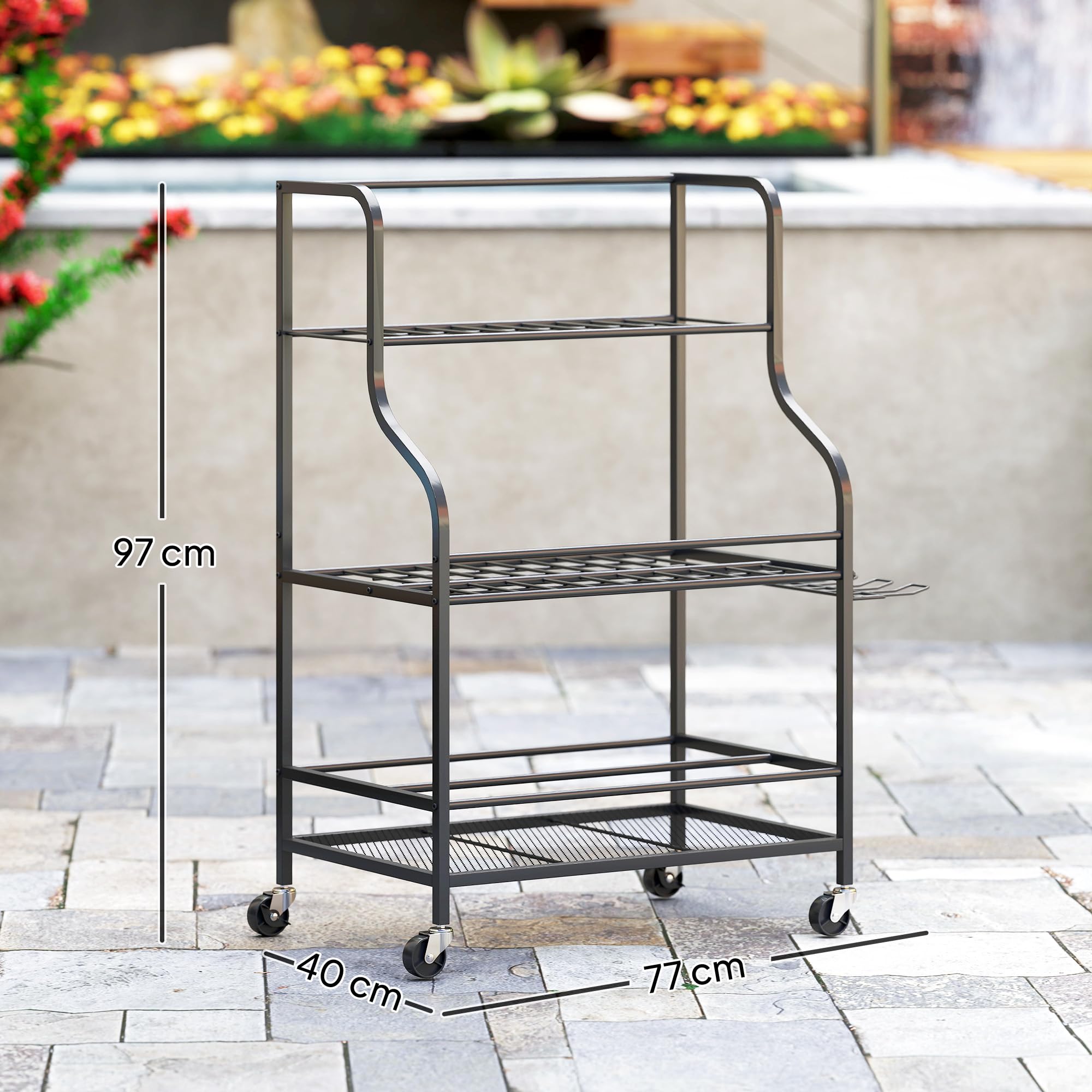 Outsunny Organiseur d'outils de Jardin, Support à Outils de Jardin 54 emplacements avec 5 Crochets, Porte-Outils de Garage en Acier sur roulettes, 3 Niveaux pour Outils, râteaux, Noir