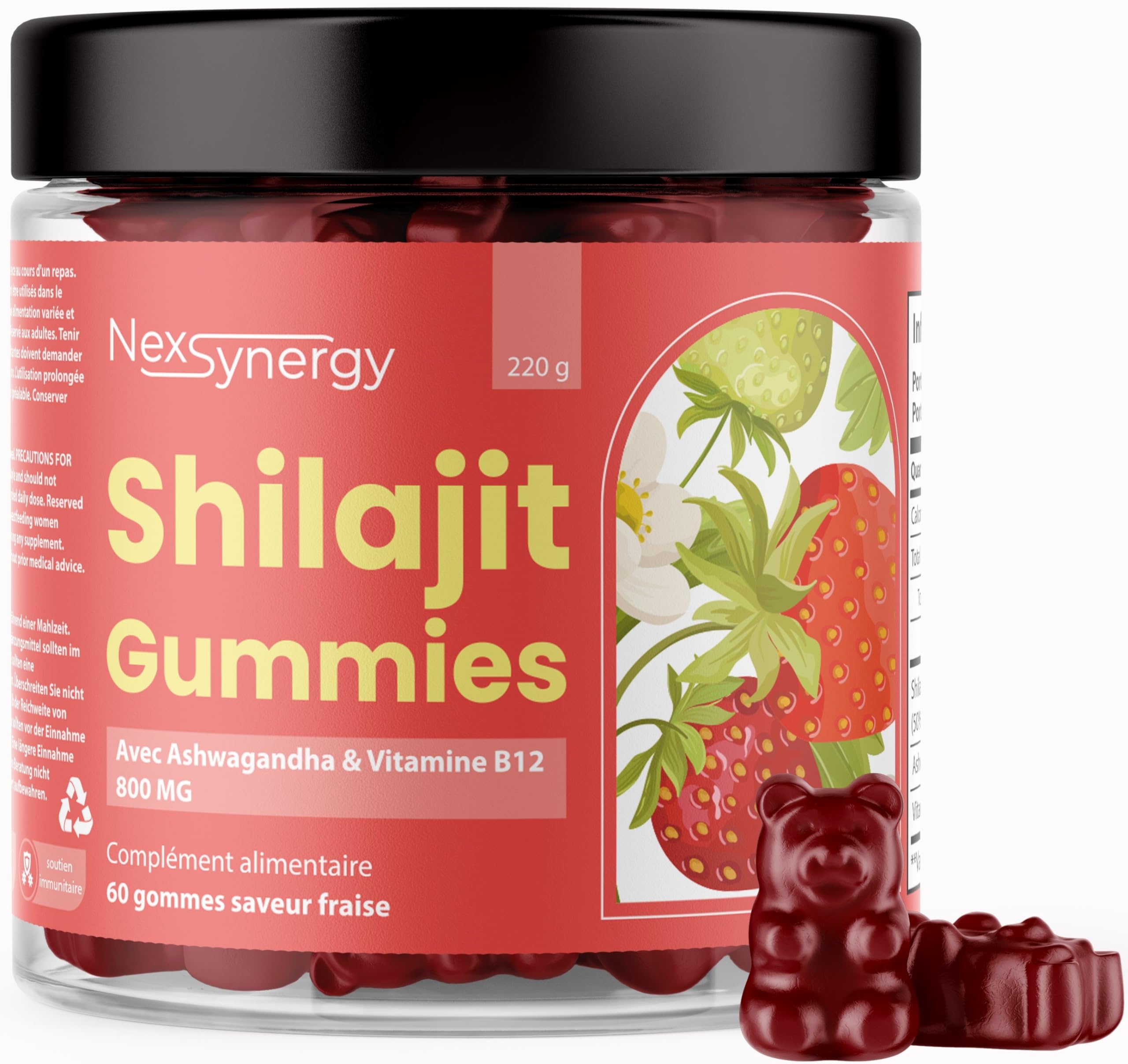 Gummies SHILAJIT avec ASHWAGANDHA et VITAMINE B12 | 800mg par Portion | 60 gommes Saveur Fraise | 50% d'Acide Fulvique | 100% Naturel, Végan et Sans Gluten
