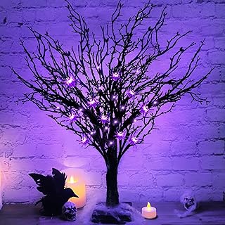 TURNMEON 2FT Prelit Halloween Black Tree Decor with Timer, 25 Spider & 24 Purple Lights Halloween Battery Operated Spooky Artificial Tree Halloween Indoor Tabletop Home Holiday Decoration