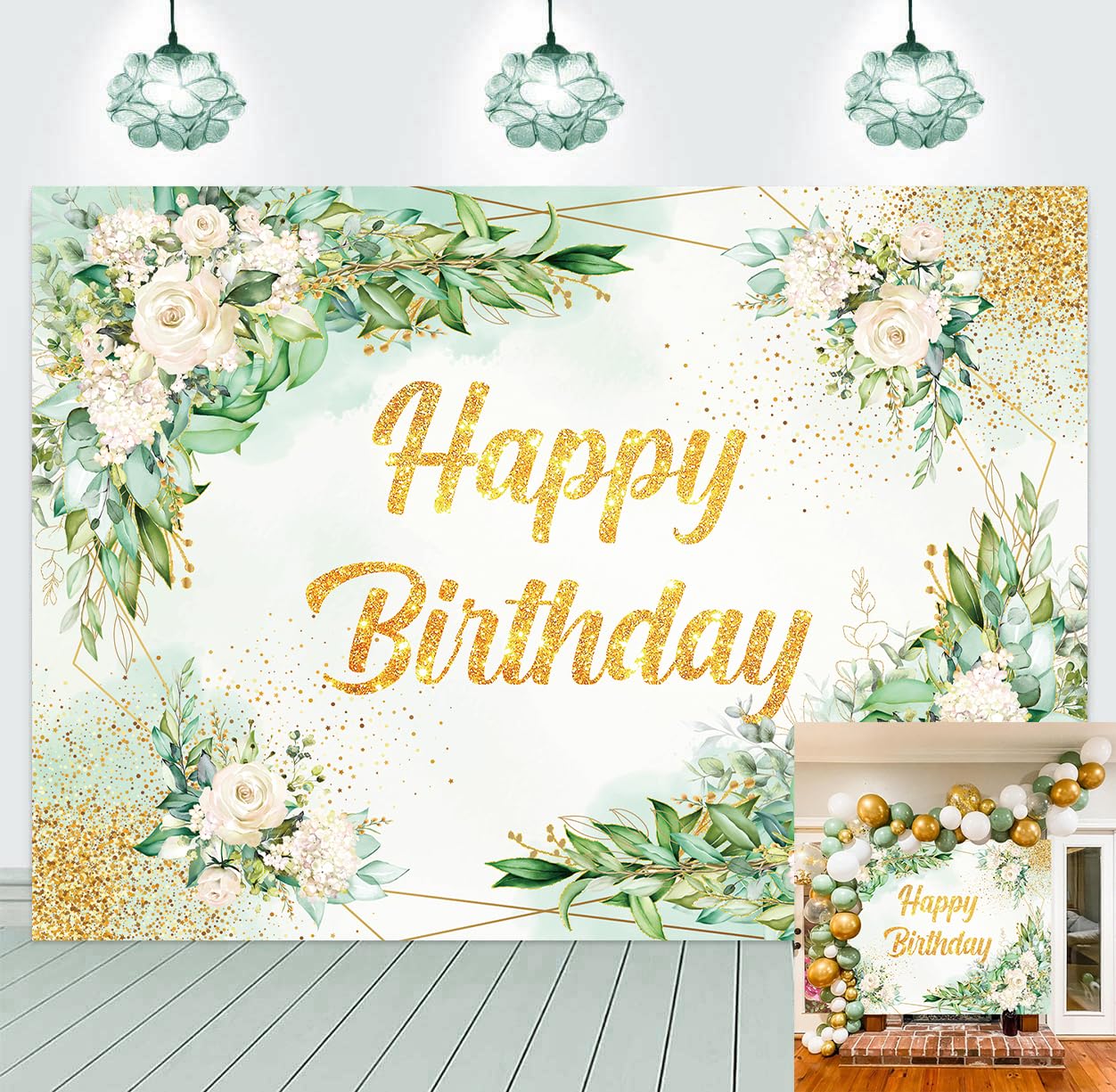 Greenery Happy Birthday Backdrop Eucalyptus Leaves White Rose Flower Photography Background for Girl Women Birthday Party Decorations Banner (7x5FT（