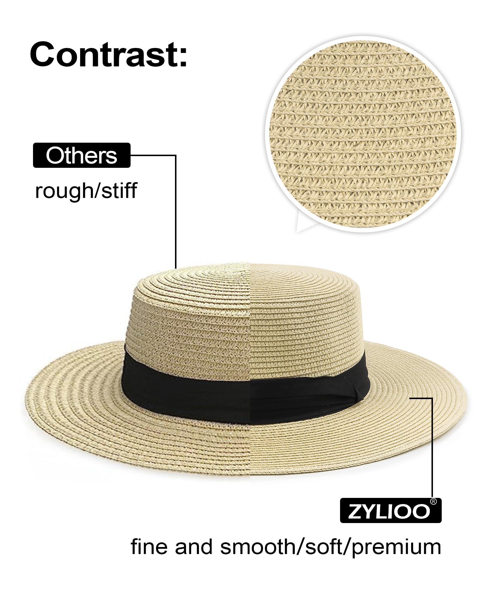 Zylioo Chapeau Panama Boater Petite tête UPF50+ Chapeau de soleil avec large bord Petites tailles Protection UV Chapeau de paille Taille XS-S, Chapeau plat d'été Vacances Chapeau de plage 52-54