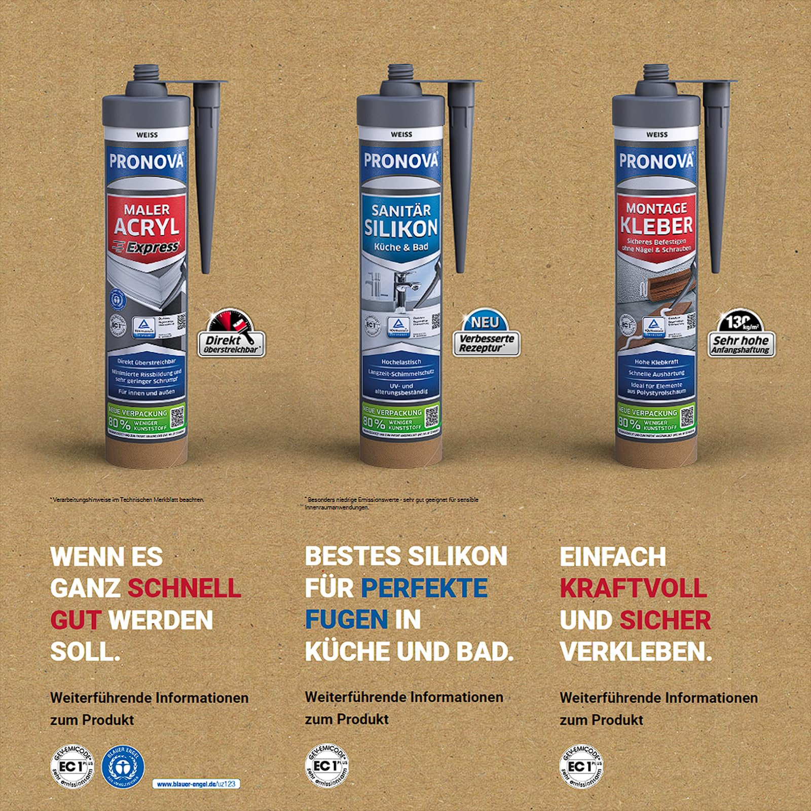 Pronova Premium Sanitär Silikon Weiß Dusche Bad & Küche Dichtmasse für innen & außen Sicher gegen Schimmel umweltfreundliche Kartusche 280ml 6 Stück