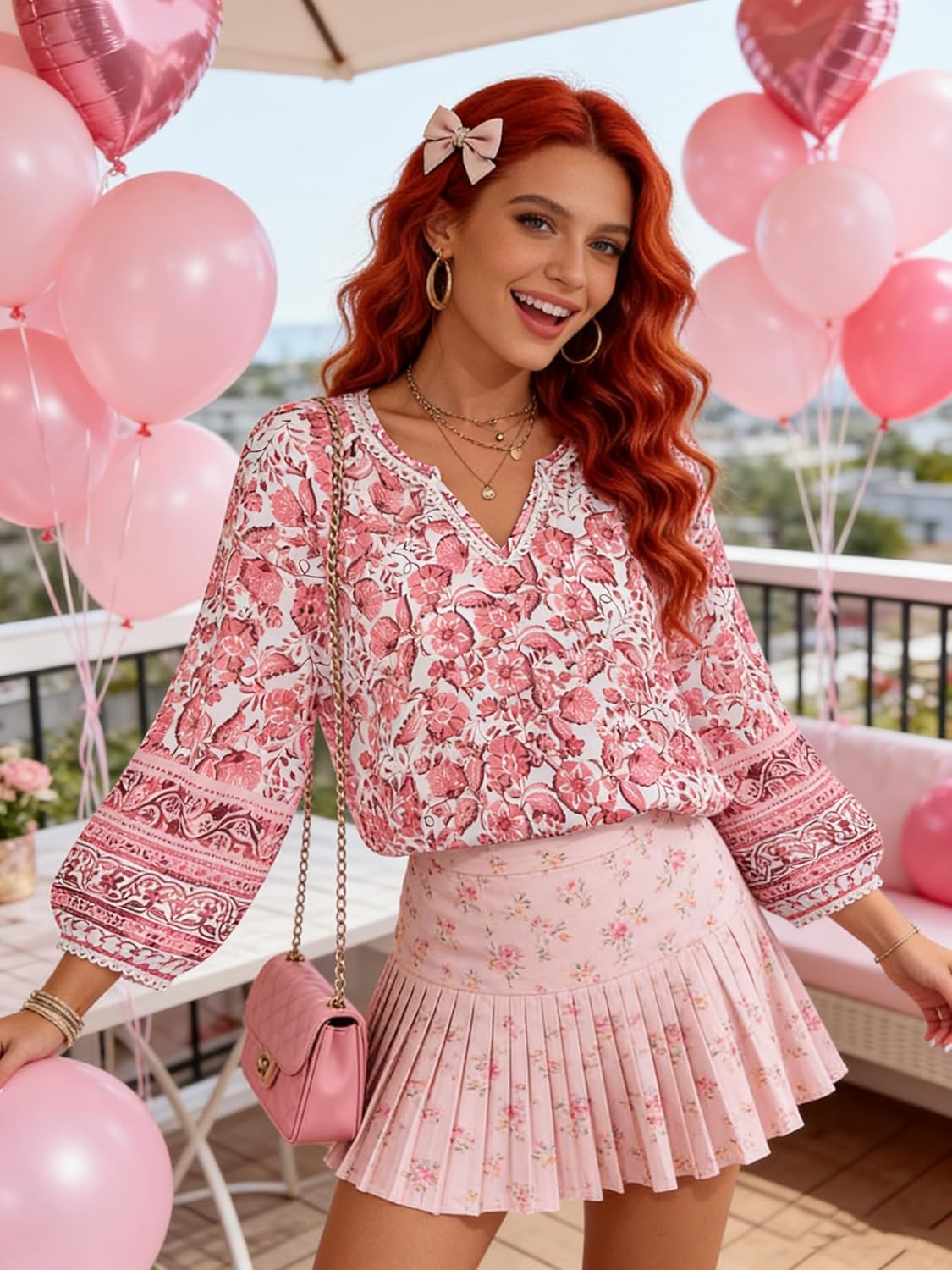 Vivilli Womens Boho Tops Casual V Neck 3/4 Sleeve Blouses Floral Print Shirt Tie Front Flowy Vacation Clothes - Image 3