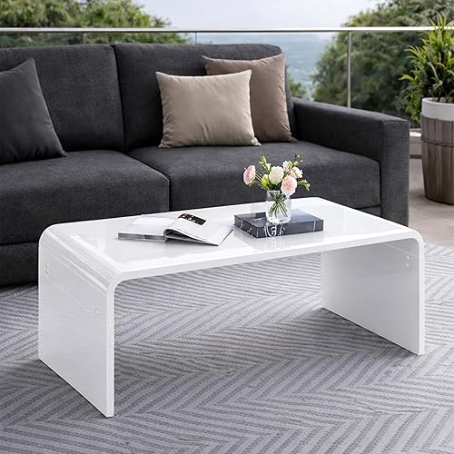 Miniatura 7 de Mesa de café rectangular de 32 pulgadas con acabado cerámico brillante en color blanco con efecto cascada, mesa para té de tarde moderna, resistente