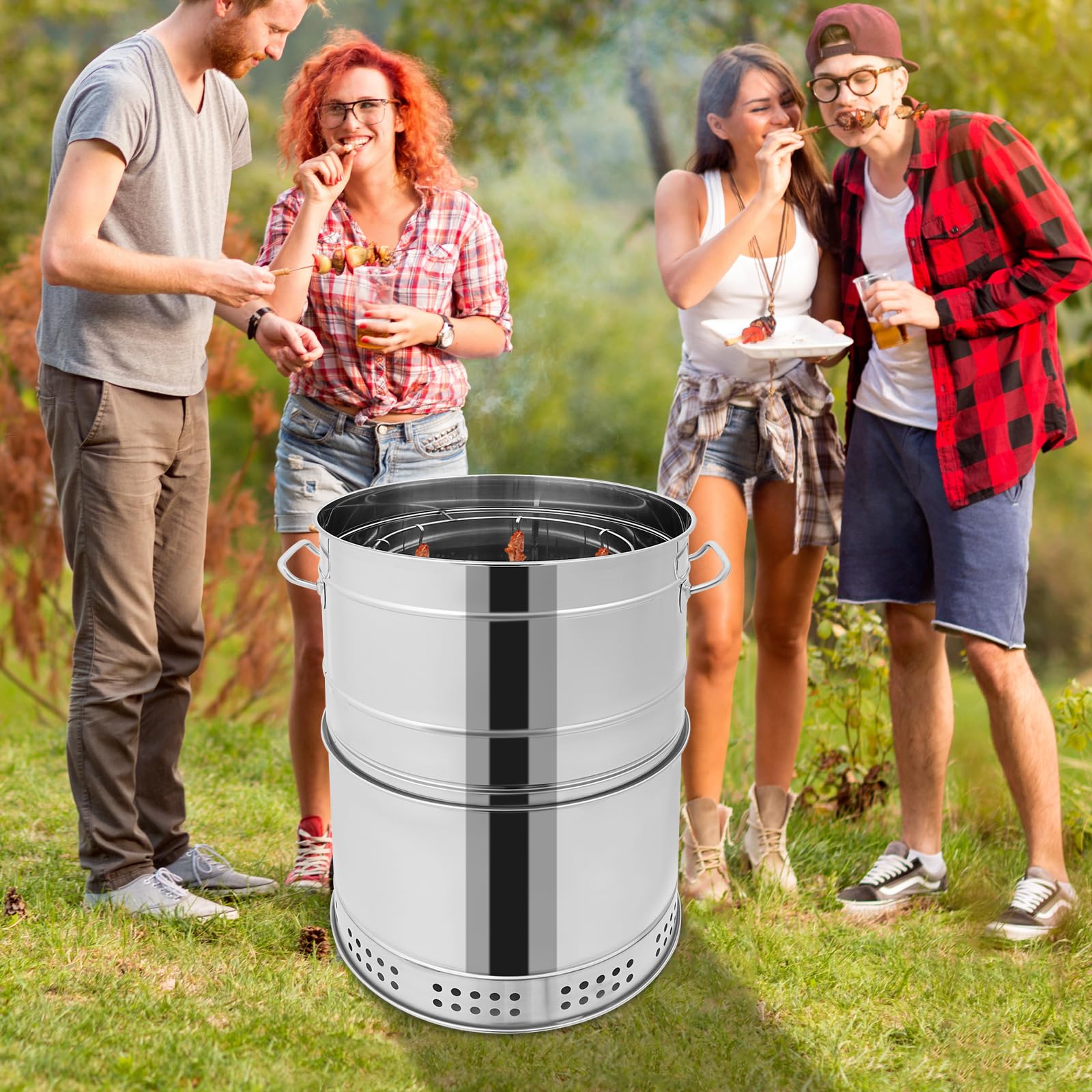 Barbacoa portátil vertical de carbón, 360° sin humo para exteriores con 50 pinchos, parrilla de barril, cacerola, barbacoa para asar, cocinar al aire libre y viajes