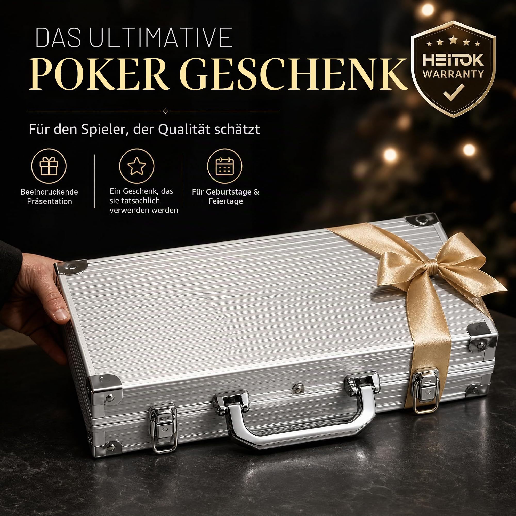 HEITOK Pokerkoffer 300 Chips 14g Clay Composite nummeriert Texas Holdem Set | 2-8 Spieler, gut lesbare Werte, Blackjack, Karten, Würfel, Dealer und Small/Big Blind Buttons, Pokerrunden, Kartenspielabende